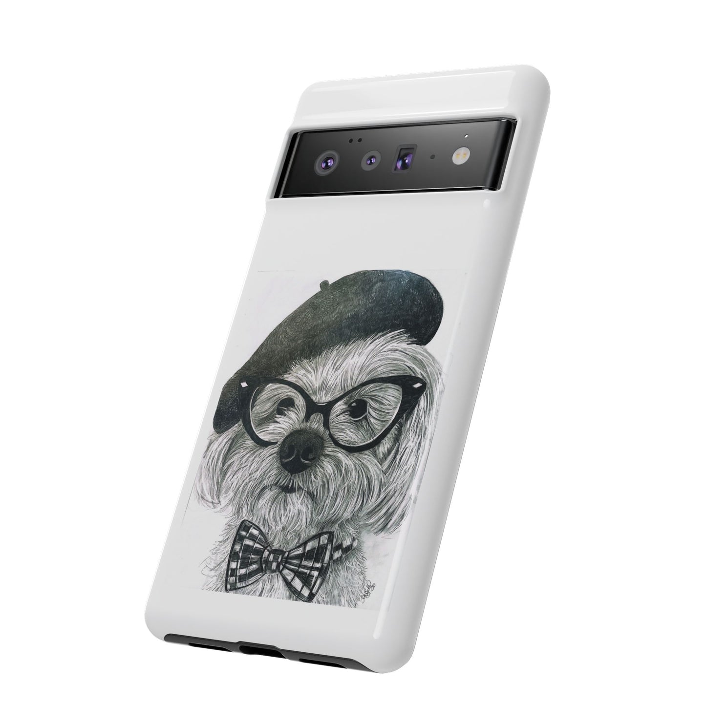 Dog Portrait Phone Case — Dexter with Beret, Glasses & Bow Tie