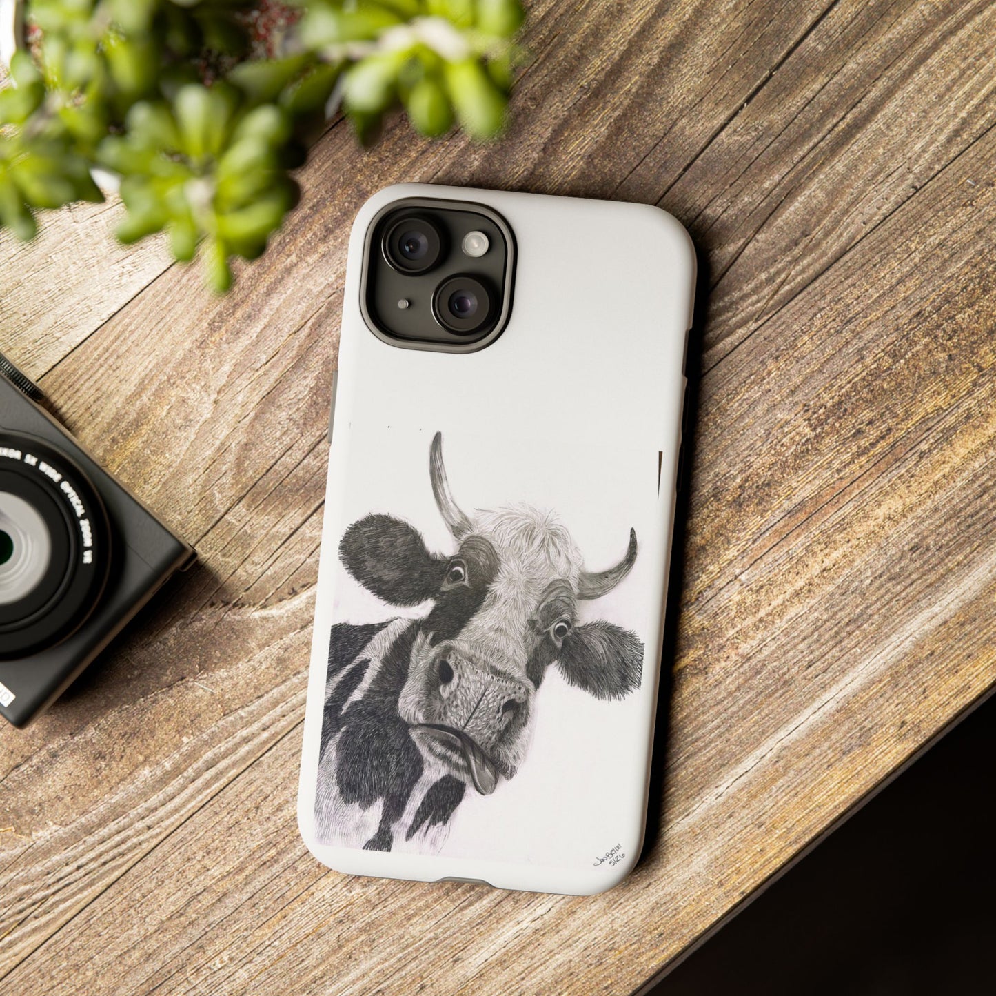 Cow Sketch Tough Phone Case — Protective iPhone Cover with Whimsical Cow Illustration