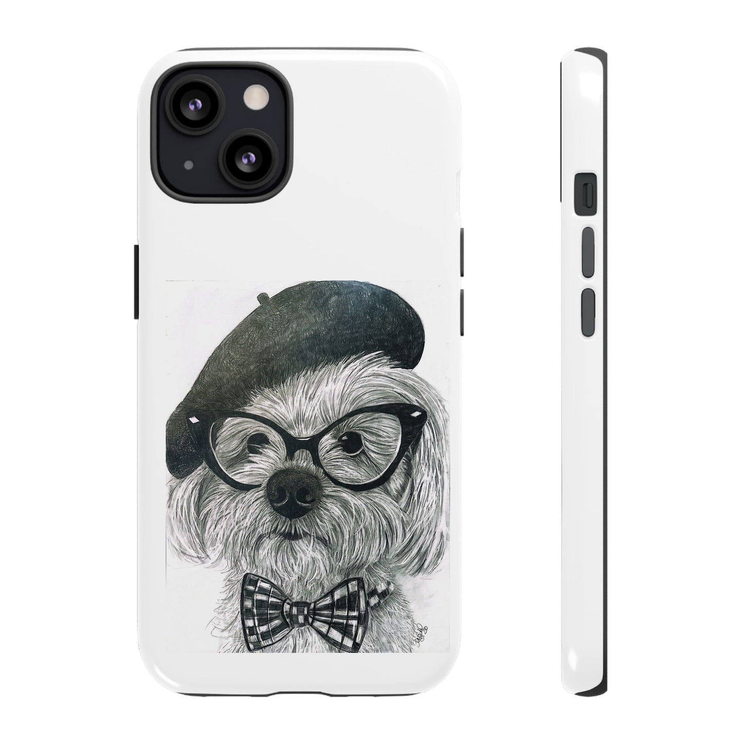 Dog Portrait Phone Case — Dexter with Beret, Glasses & Bow Tie