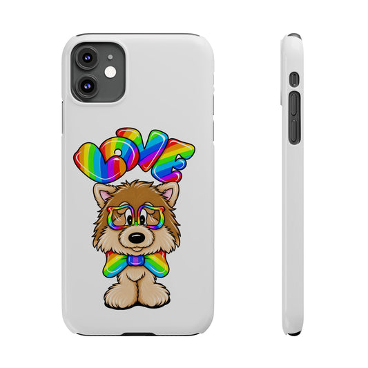 Rainbow Love Pom with bow tie Slim Phone Case – Cute LGBTQ+ Pride Dog Design