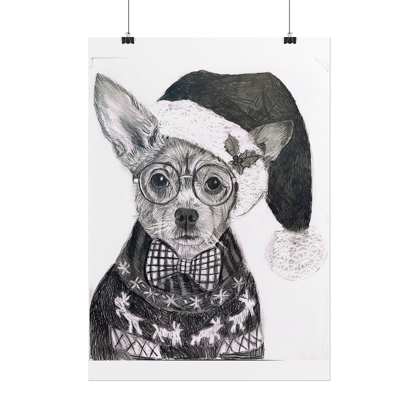 Brutus in Santa Hat Rolled Poster — Holiday Dog Art Print