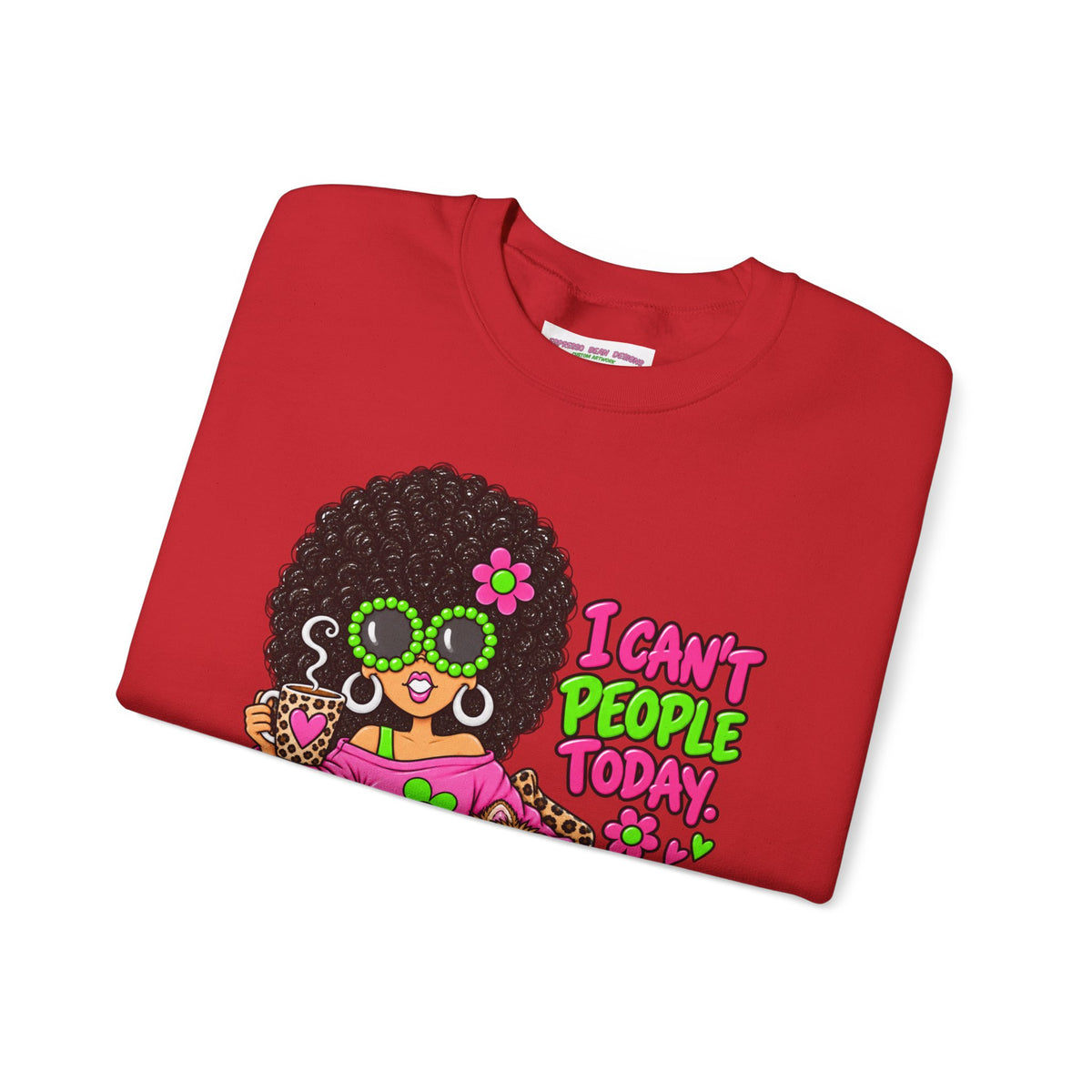 Crewneck Sweatshirt — Retro 'I Can't People Today' Girl & Leopard Graphic