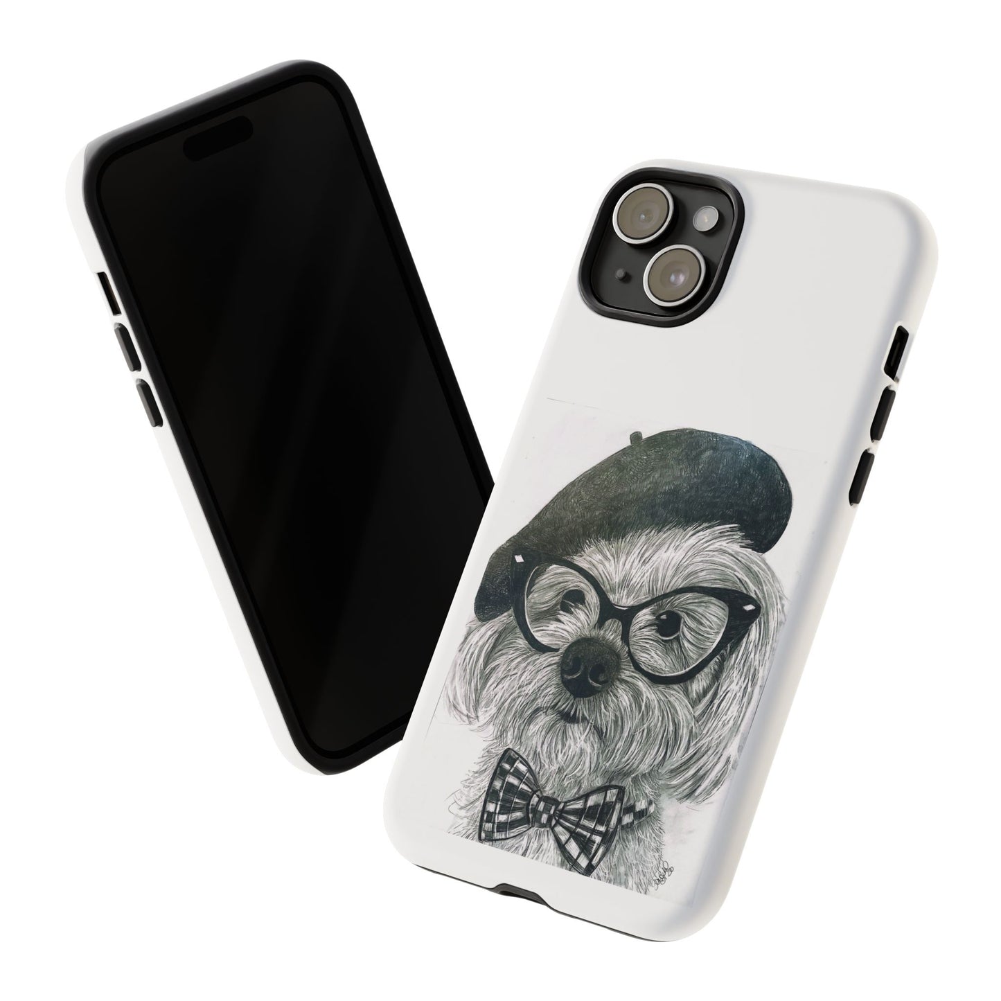 Dog Portrait Phone Case — Dexter with Beret, Glasses & Bow Tie
