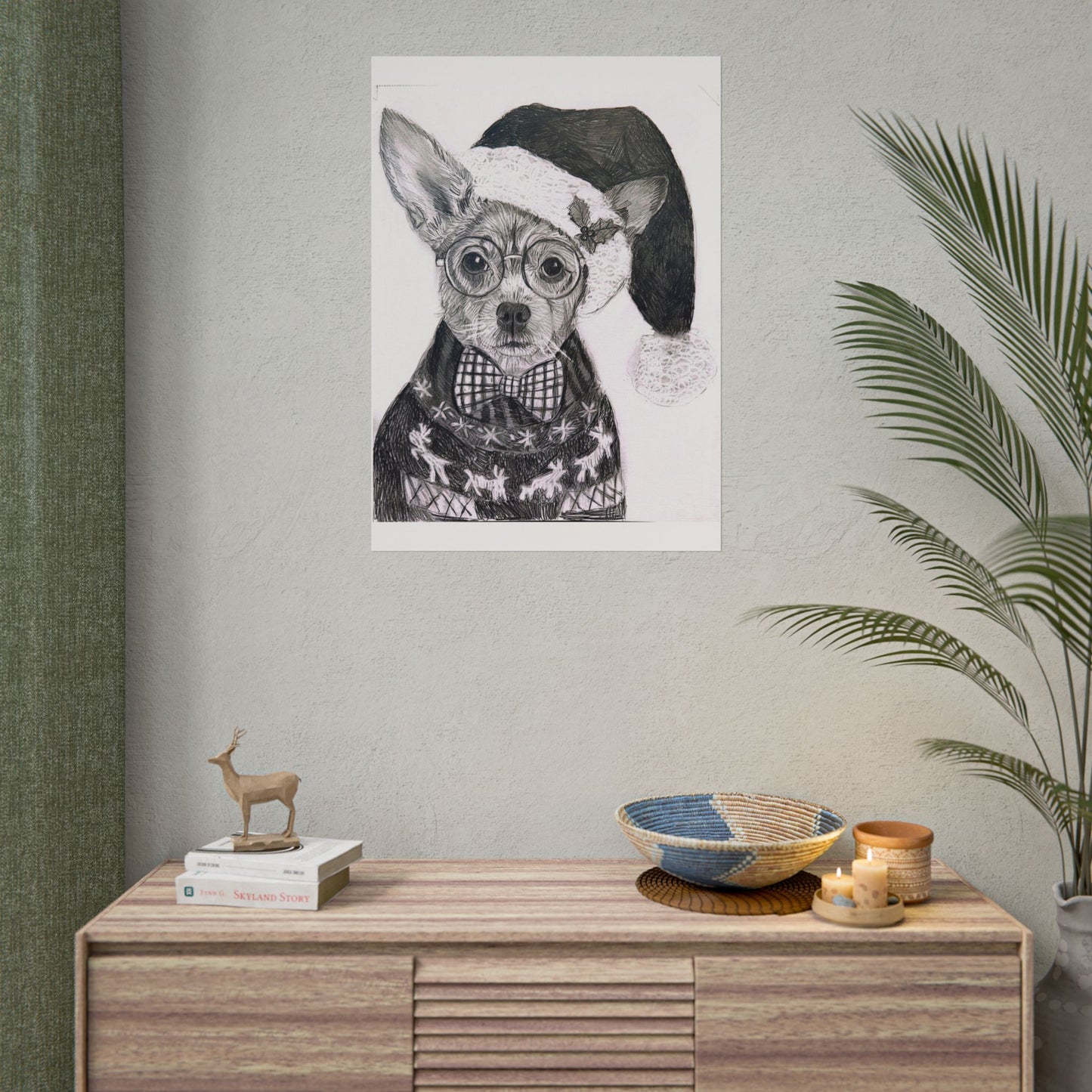 Brutus in Santa Hat Rolled Poster — Holiday Dog Art Print