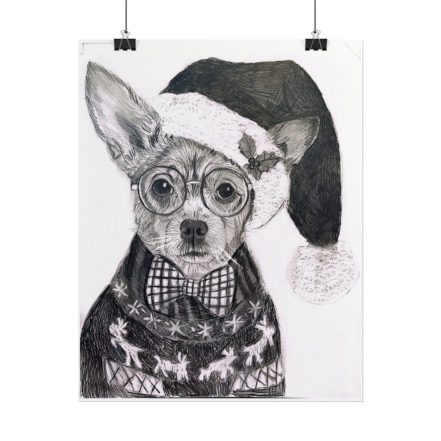 Brutus in Santa Hat Rolled Poster — Holiday Dog Art Print
