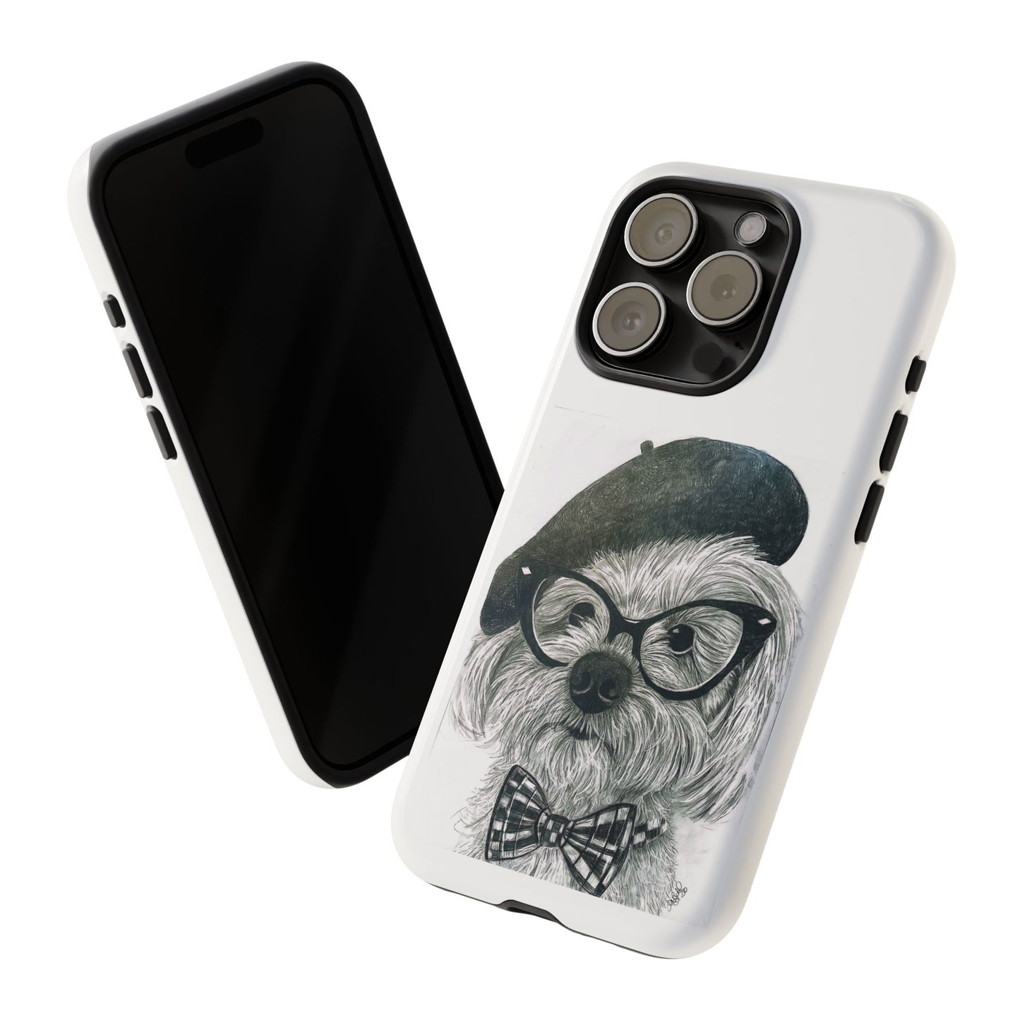 Dog Portrait Phone Case — Dexter with Beret, Glasses & Bow Tie