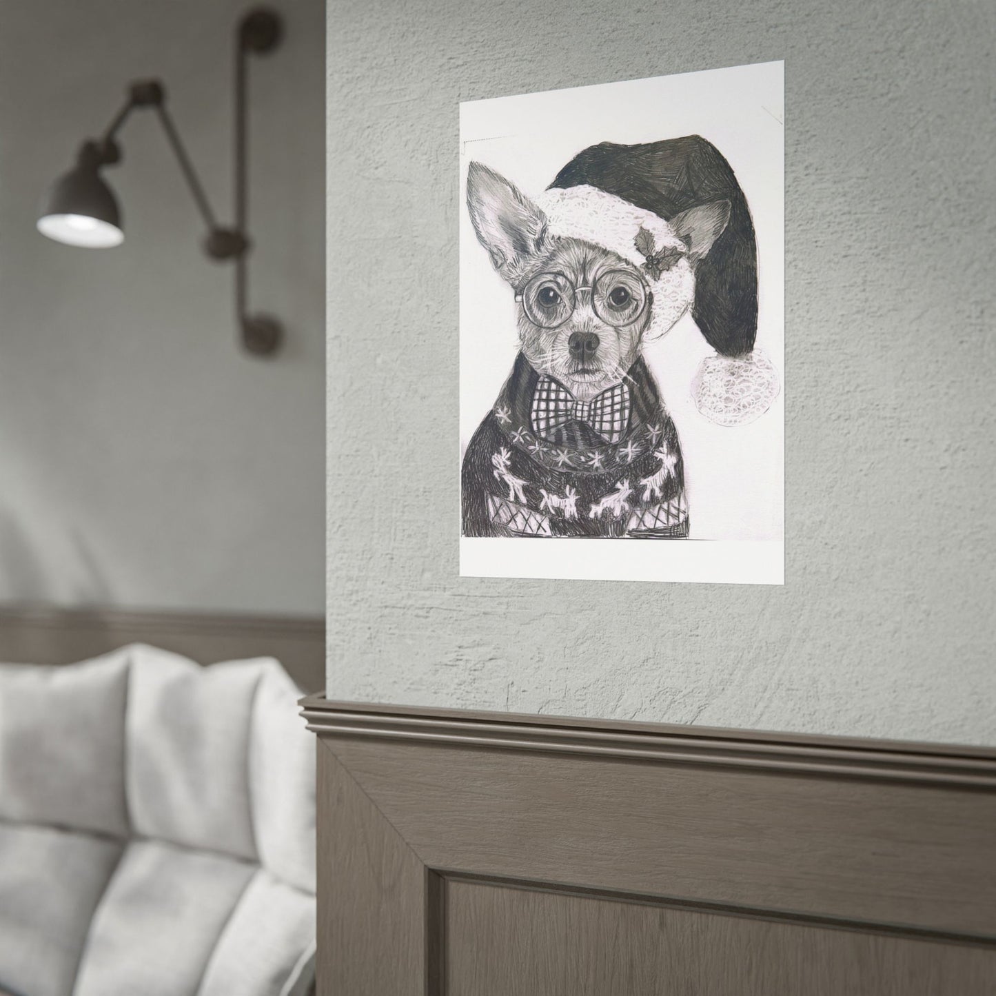 Brutus in Santa Hat Rolled Poster — Holiday Dog Art Print