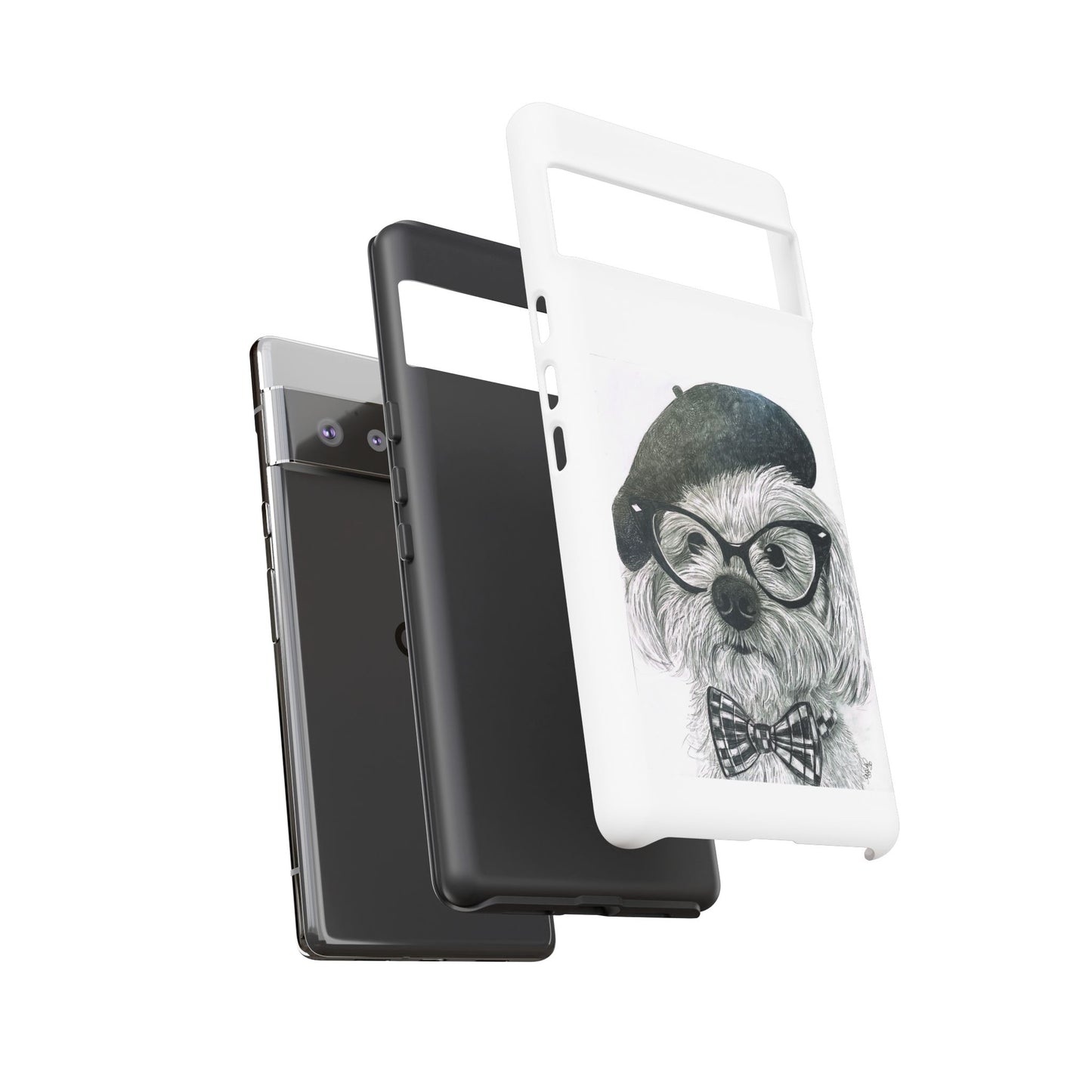 Dog Portrait Phone Case — Dexter with Beret, Glasses & Bow Tie