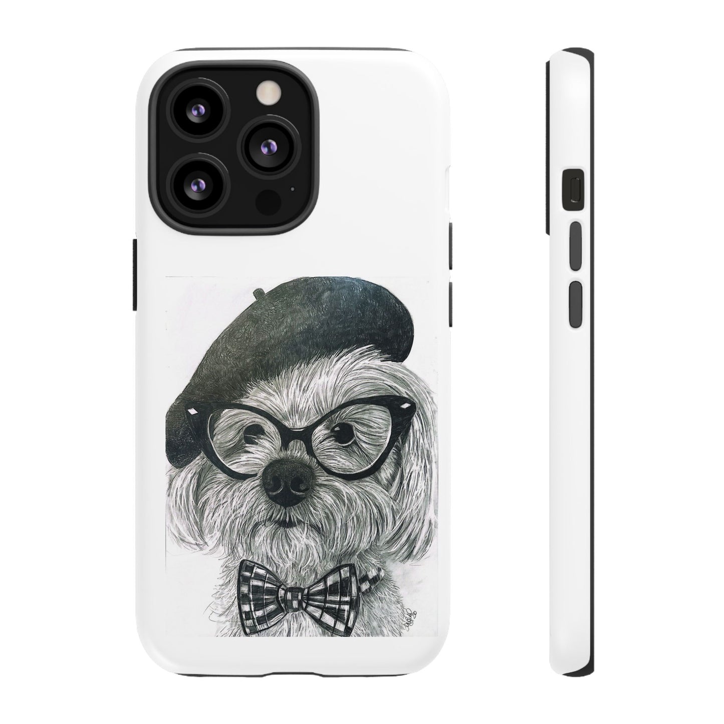 Dog Portrait Phone Case — Dexter with Beret, Glasses & Bow Tie