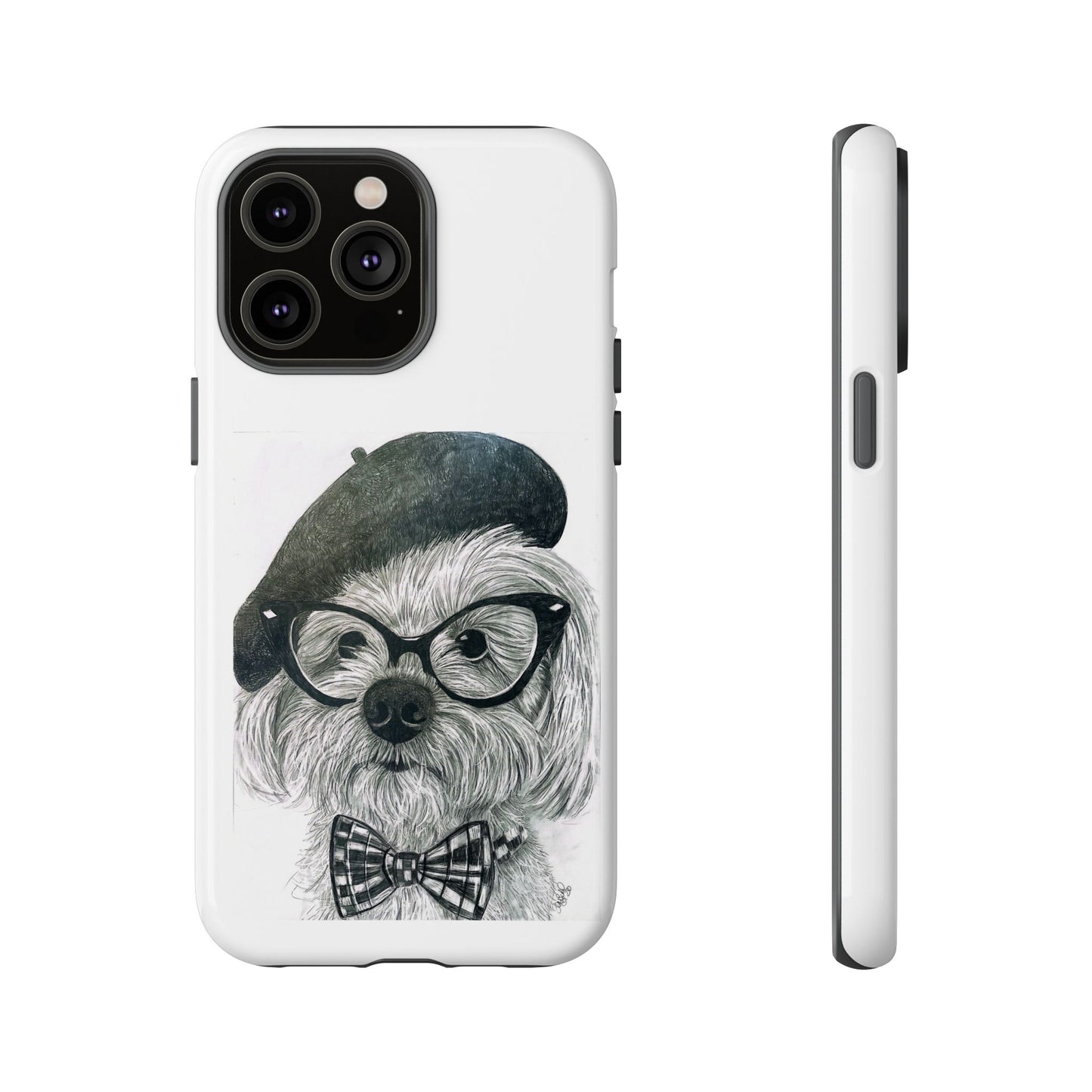 Dog Portrait Phone Case — Dexter with Beret, Glasses & Bow Tie