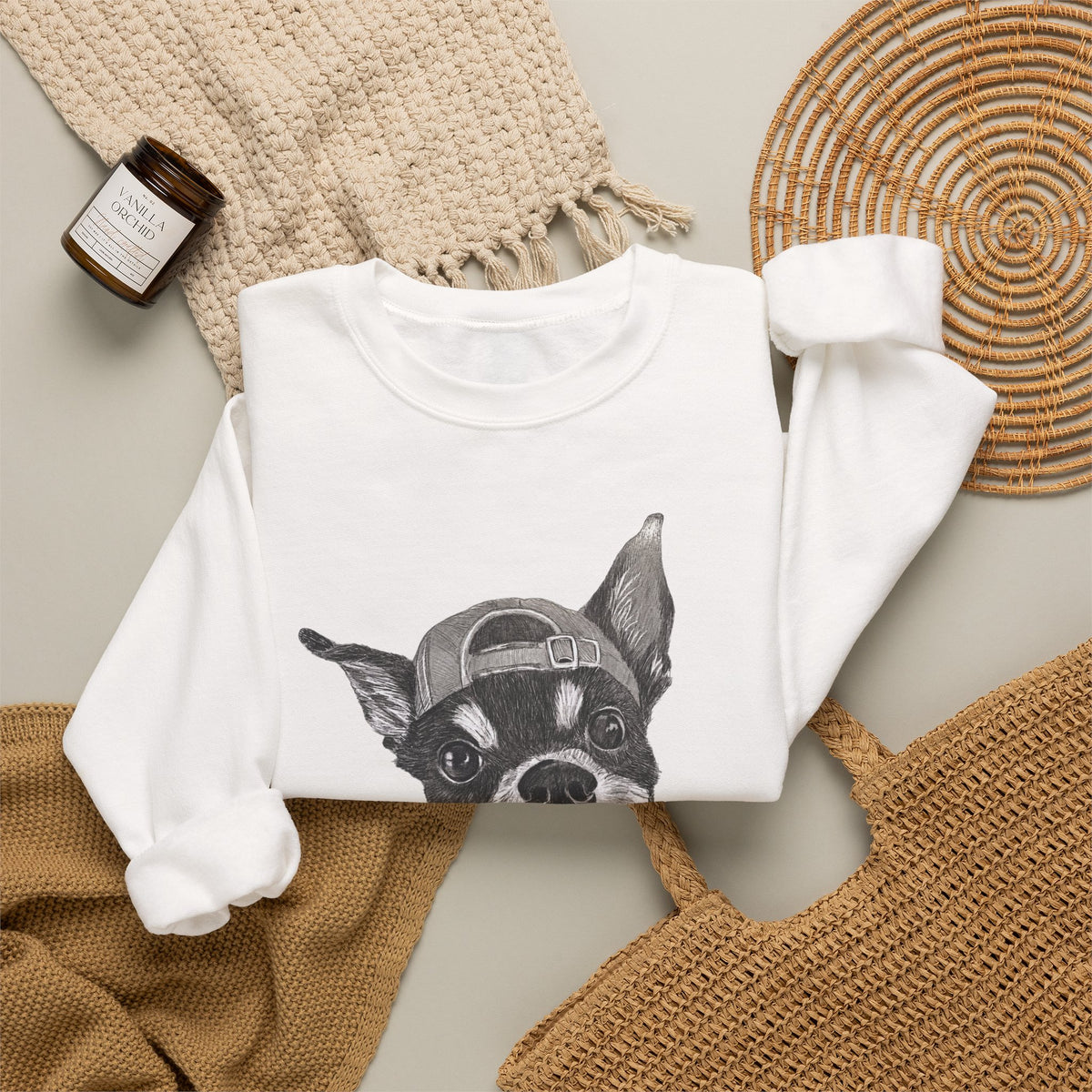 Fang Crewneck Sweatshirt — Retro Pup Graphic with Script Sleeve