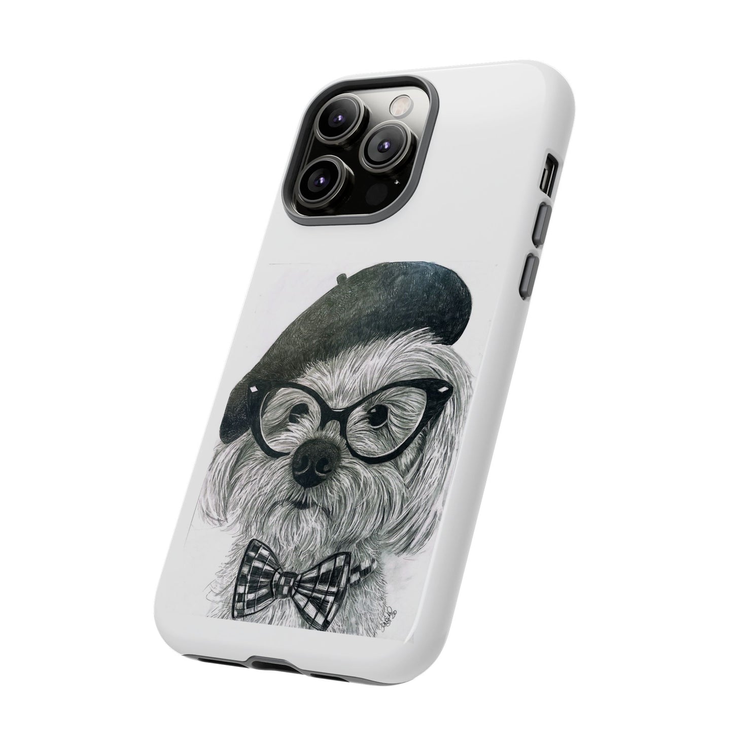 Dog Portrait Phone Case — Dexter with Beret, Glasses & Bow Tie