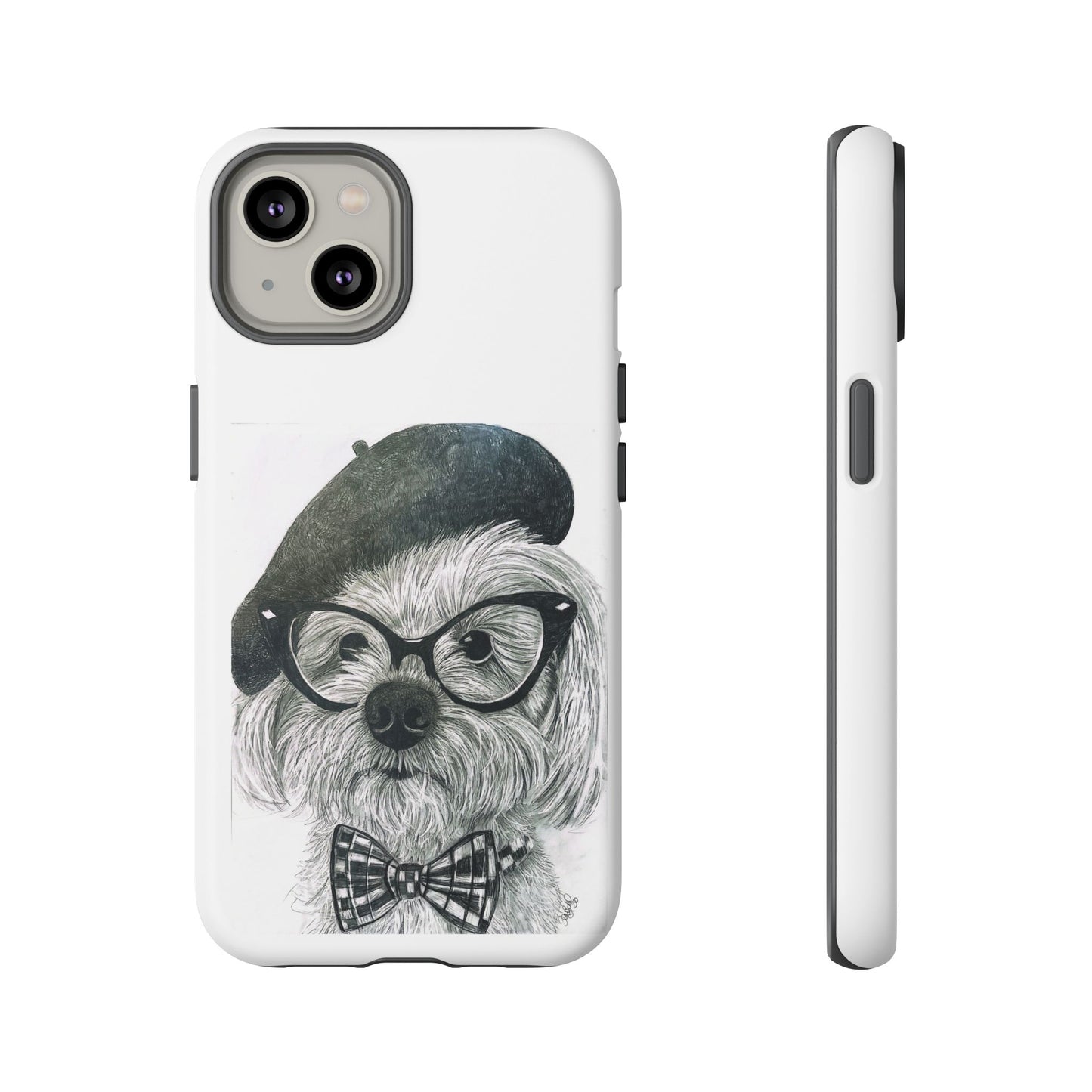 Dog Portrait Phone Case — Dexter with Beret, Glasses & Bow Tie