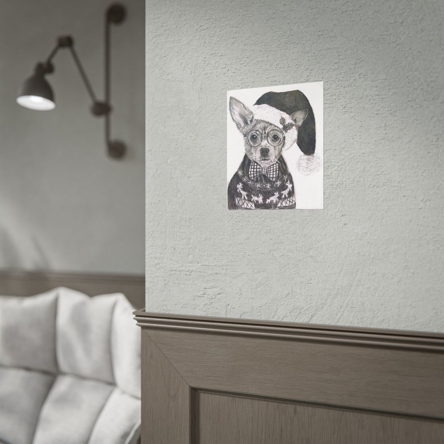 Brutus in Santa Hat Rolled Poster — Holiday Dog Art Print