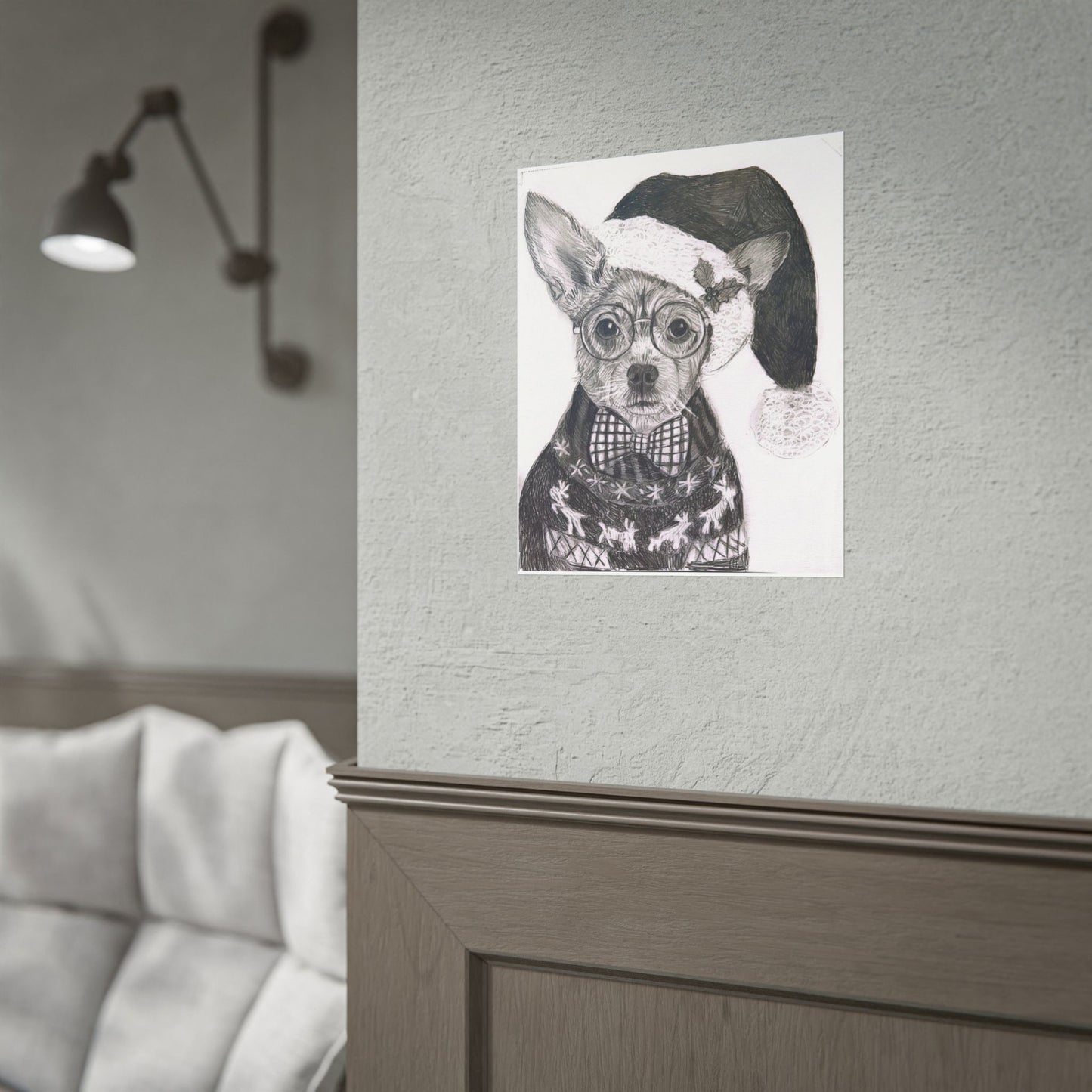 Brutus in Santa Hat Rolled Poster — Holiday Dog Art Print