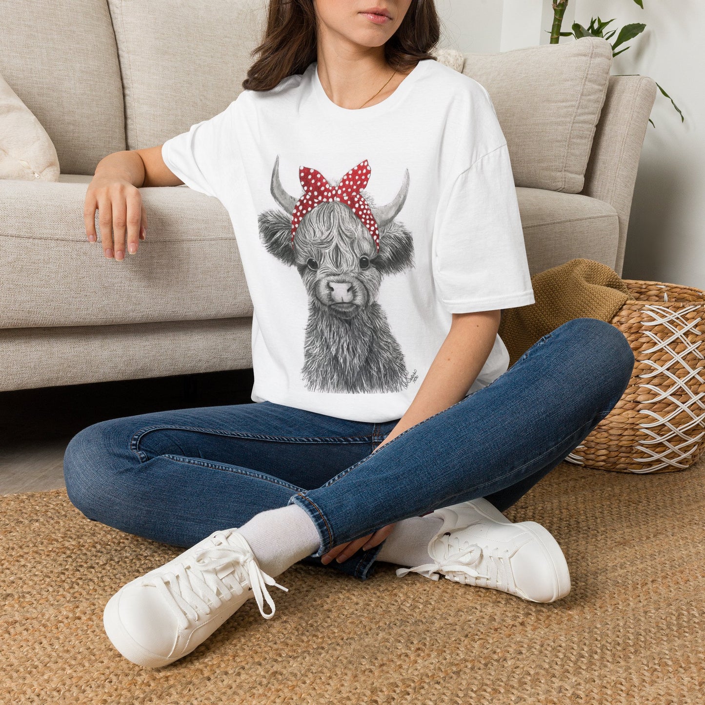 Highland Cow T-Shirt — Cute Cow Face with Red Polka Dot Bandana