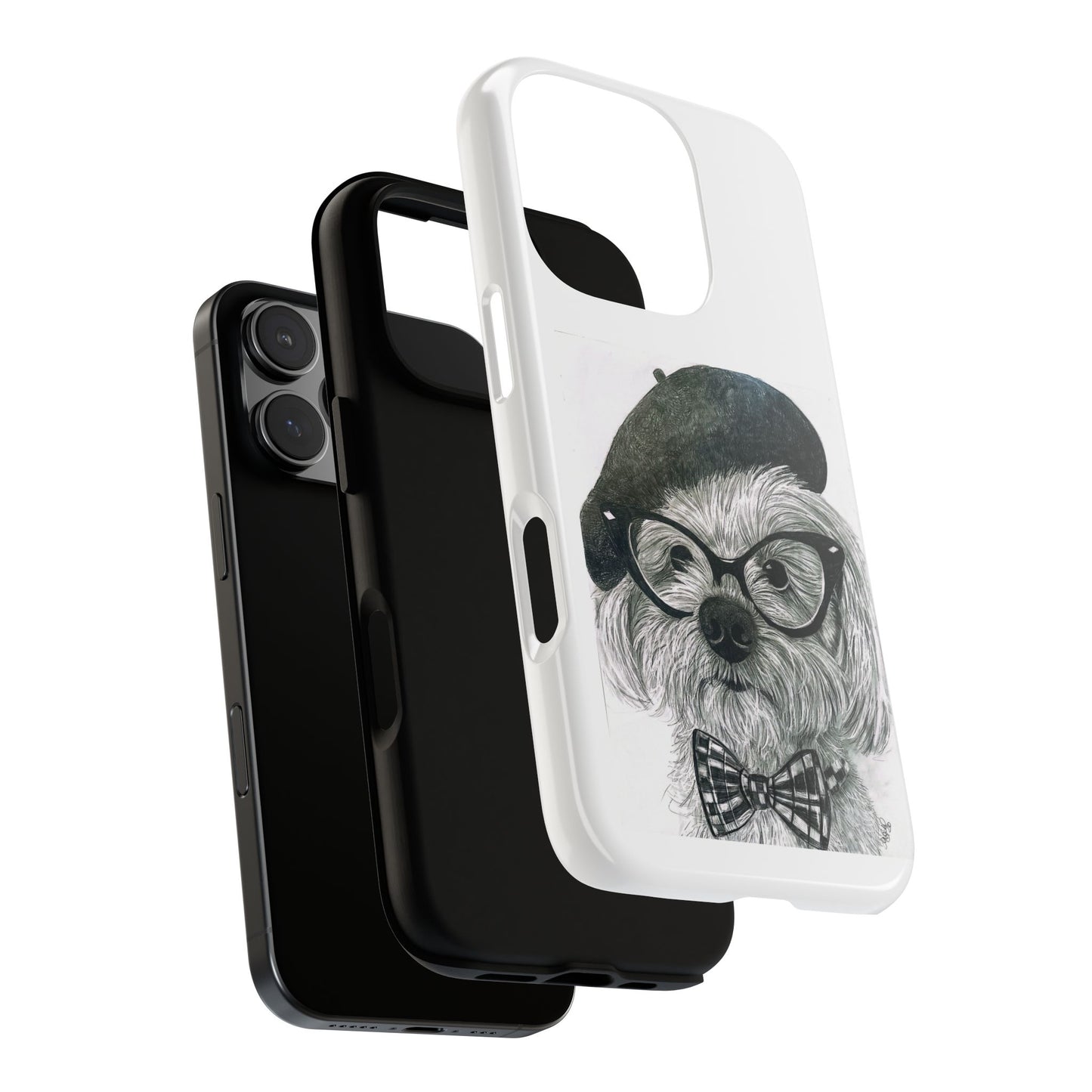 Dog Portrait Phone Case — Dexter with Beret, Glasses & Bow Tie