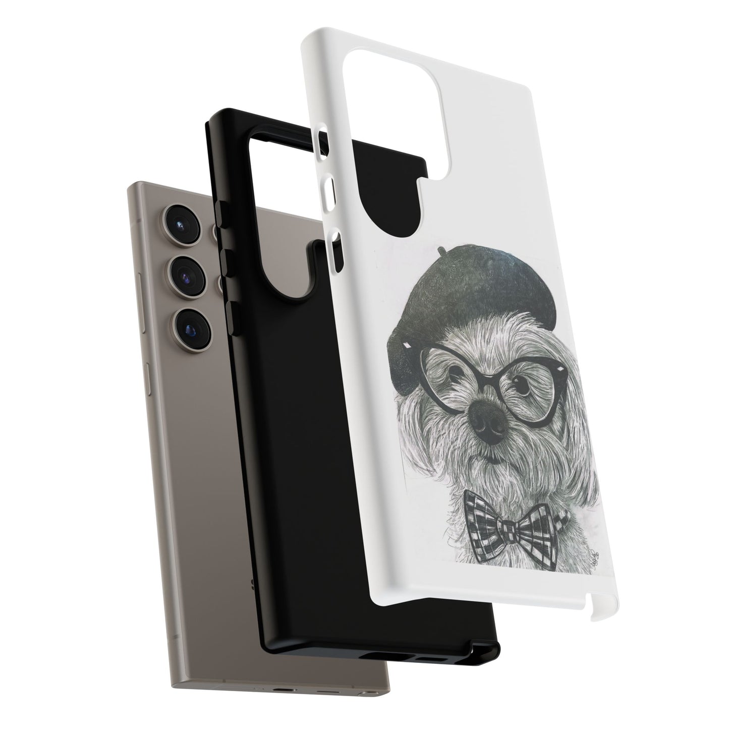 Dog Portrait Phone Case — Dexter with Beret, Glasses & Bow Tie