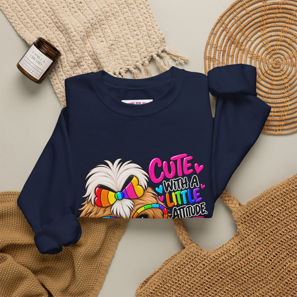 Cute Dog Crewneck Sweatshirt — "Cute With A Little Attitude" Colorful Puppy Design