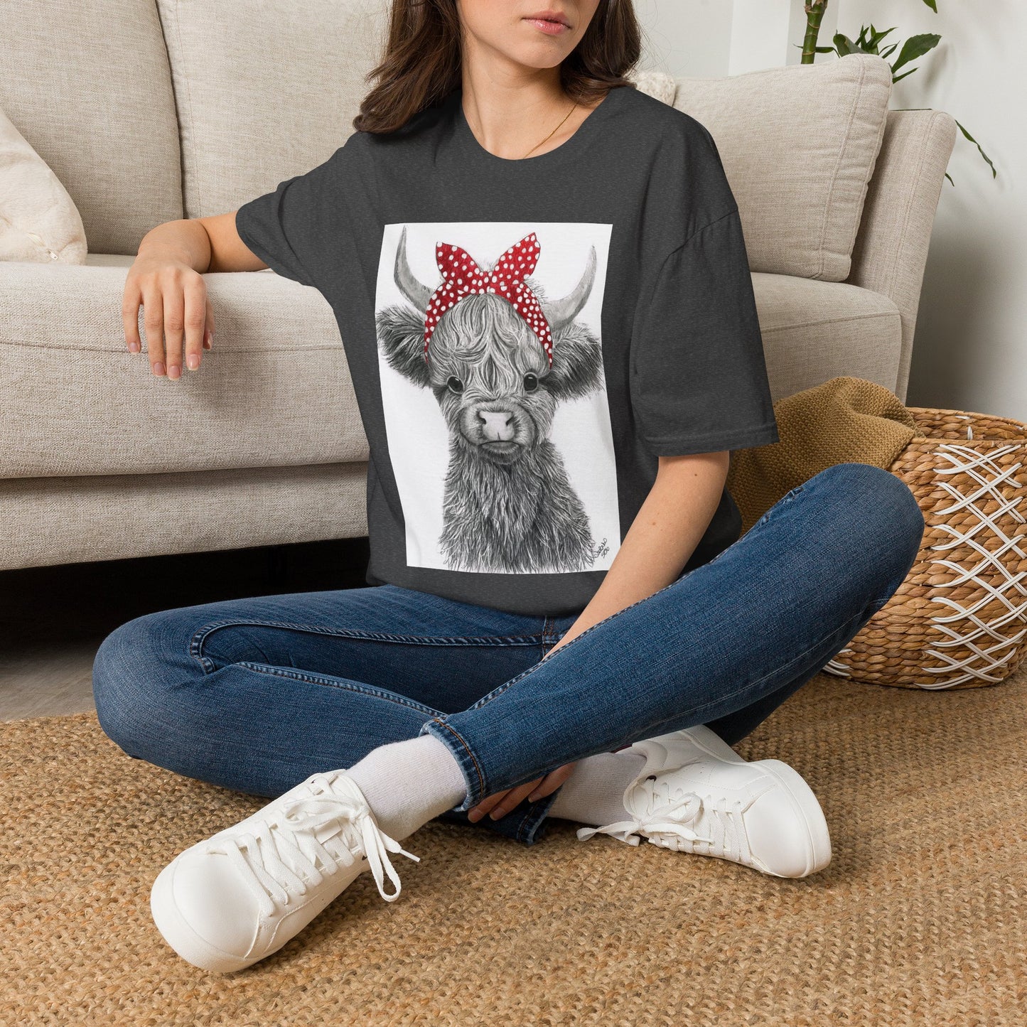 Highland Cow T-Shirt — Cute Cow Face with Red Polka Dot Bandana