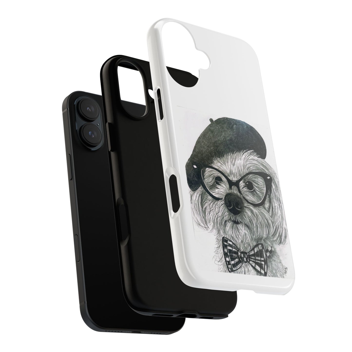 Dog Portrait Phone Case — Dexter with Beret, Glasses & Bow Tie
