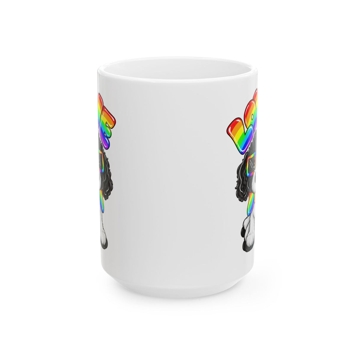 Elmer Ceramic Mug — Rainbow 'Love' Design with Black Dog Illustration (11oz, 15oz)