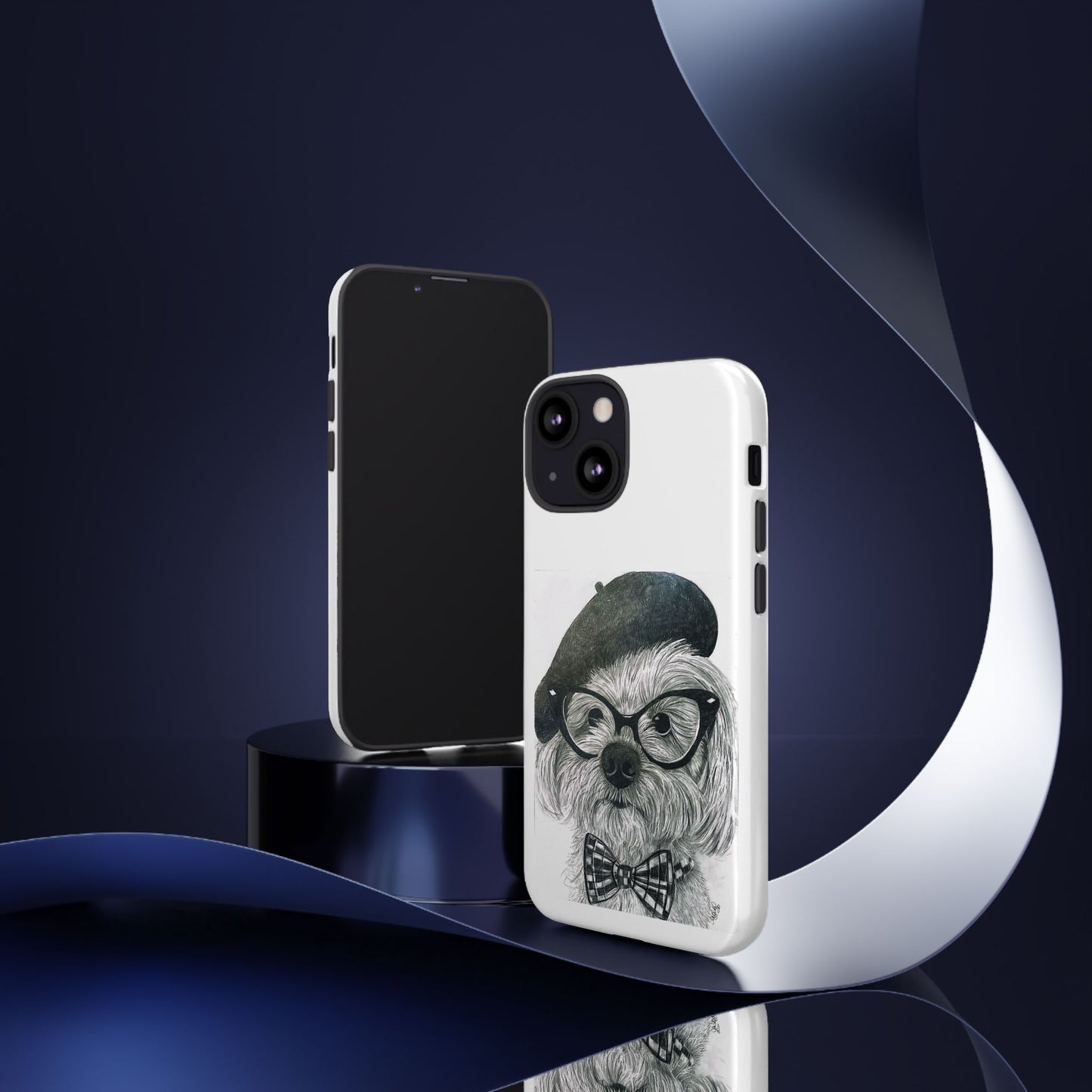 Dog Portrait Phone Case — Dexter with Beret, Glasses & Bow Tie
