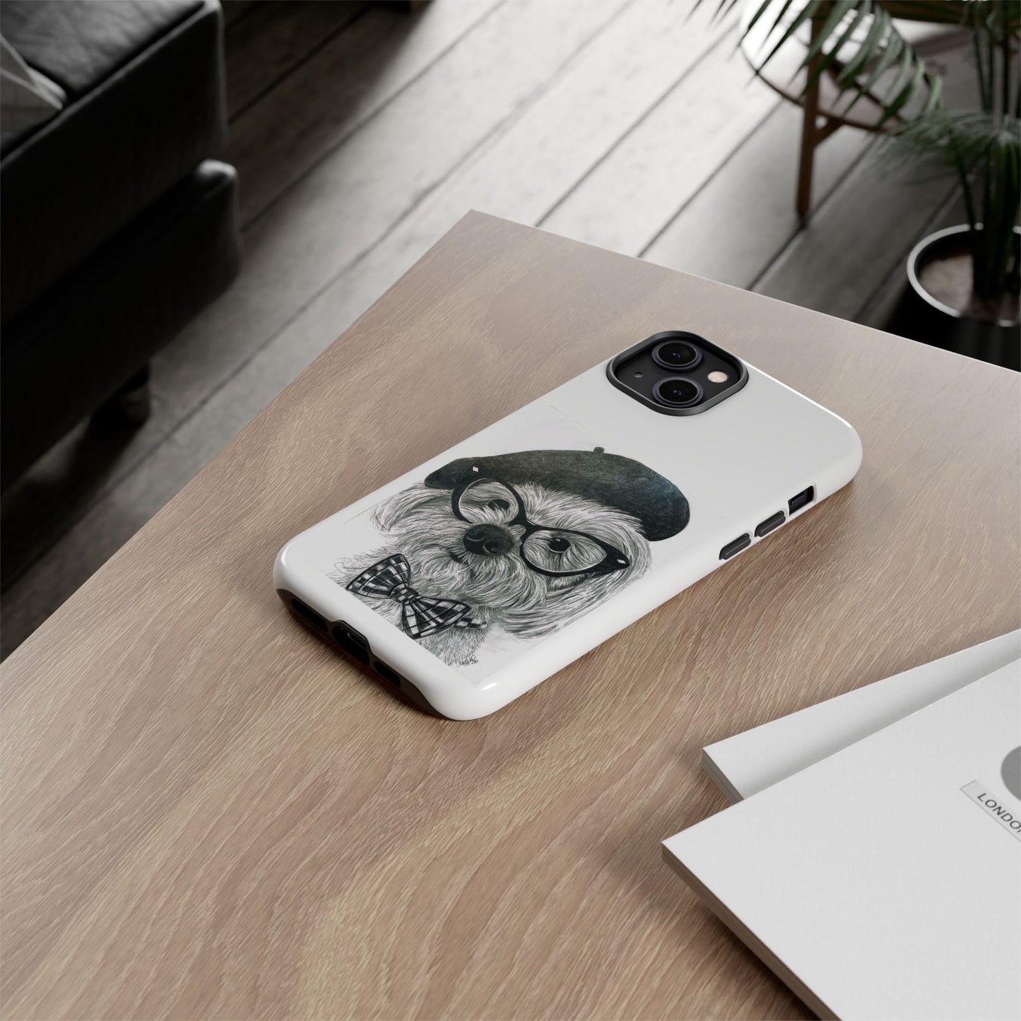 Dog Portrait Phone Case — Dexter with Beret, Glasses & Bow Tie