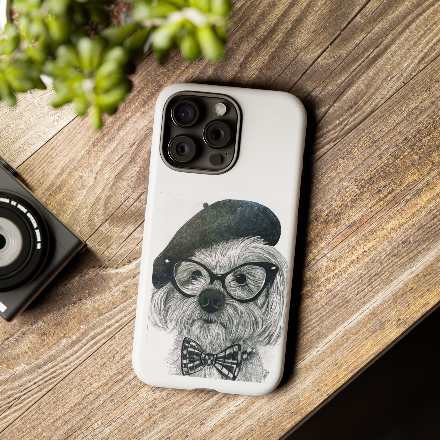 Dog Portrait Phone Case — Dexter with Beret, Glasses & Bow Tie