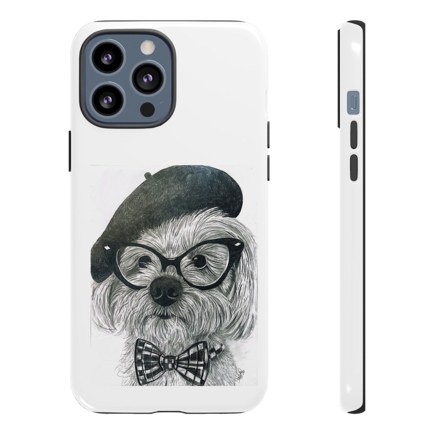 Dog Portrait Phone Case — Dexter with Beret, Glasses & Bow Tie
