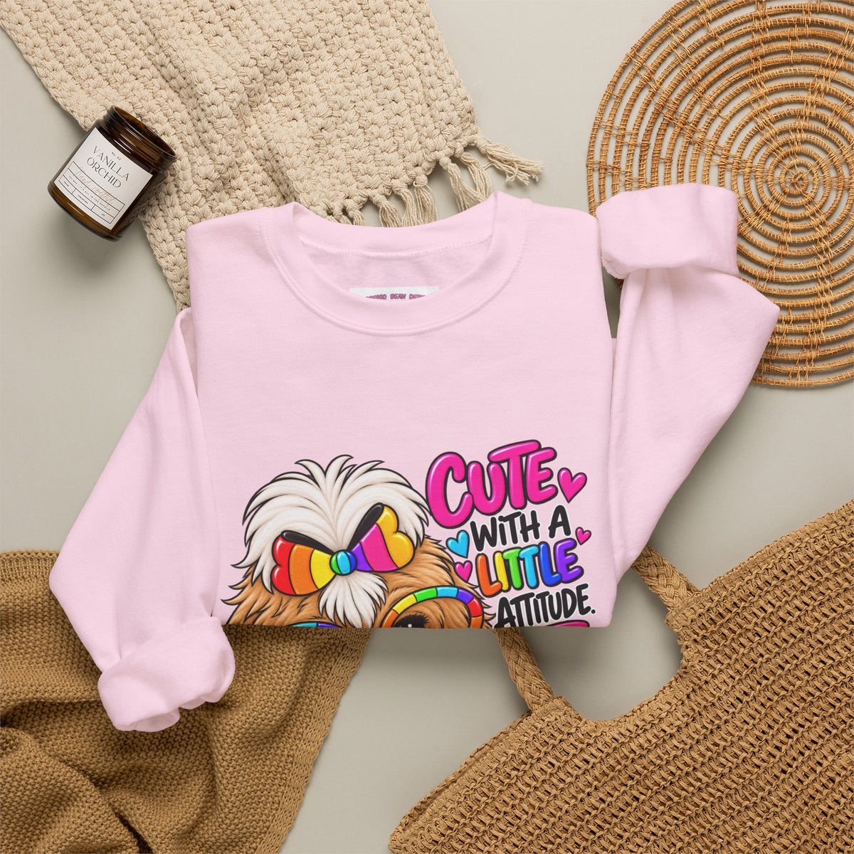 Cute Dog Crewneck Sweatshirt — "Cute With A Little Attitude" Colorful Puppy Design
