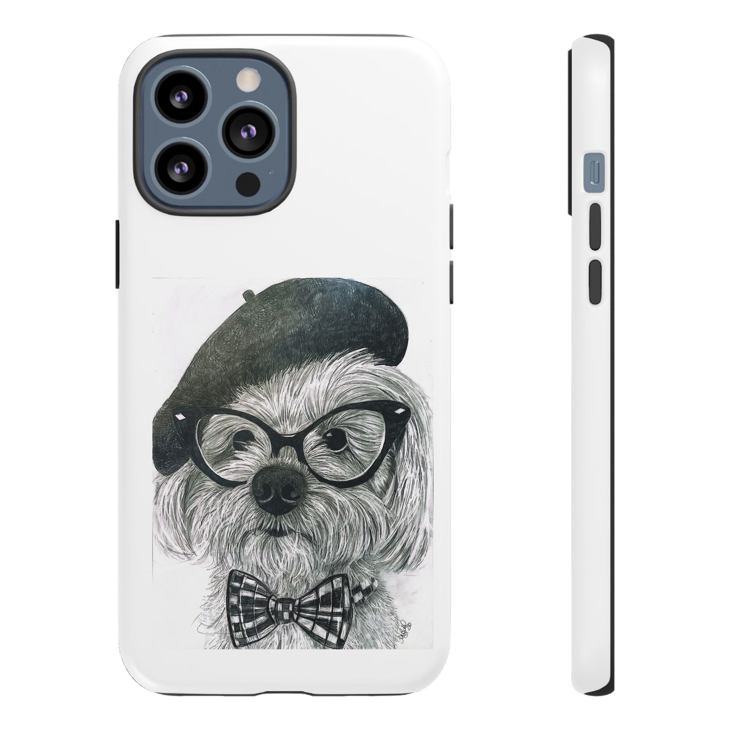 Dog Portrait Phone Case — Dexter with Beret, Glasses & Bow Tie