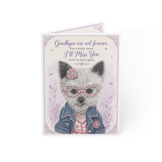 Pet Sympathy Greeting Card — "Goodbyes Are Not Forever, I'll Miss You" Cute Dressed-Up Dog Design (Pack of 1, 10, 30, 50)
