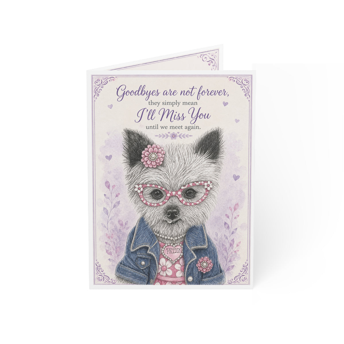 Pet Sympathy Greeting Card — "Goodbyes Are Not Forever, I'll Miss You" Cute Dressed-Up Dog Design (Pack of 1, 10, 30, 50)