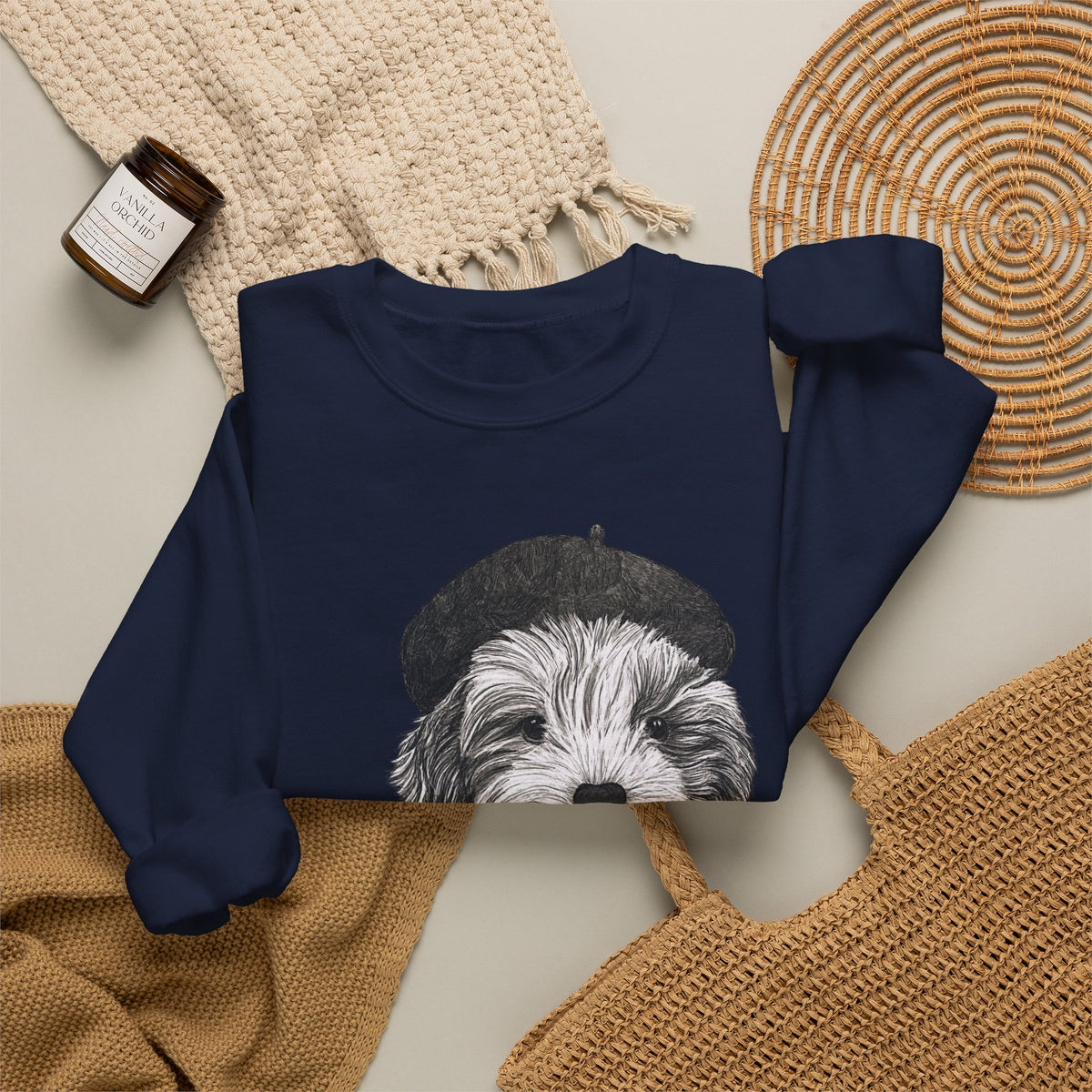 French Pup Pierre Coffee Sweatshirt — Cute Puppy in Beret Graphic Crewneck