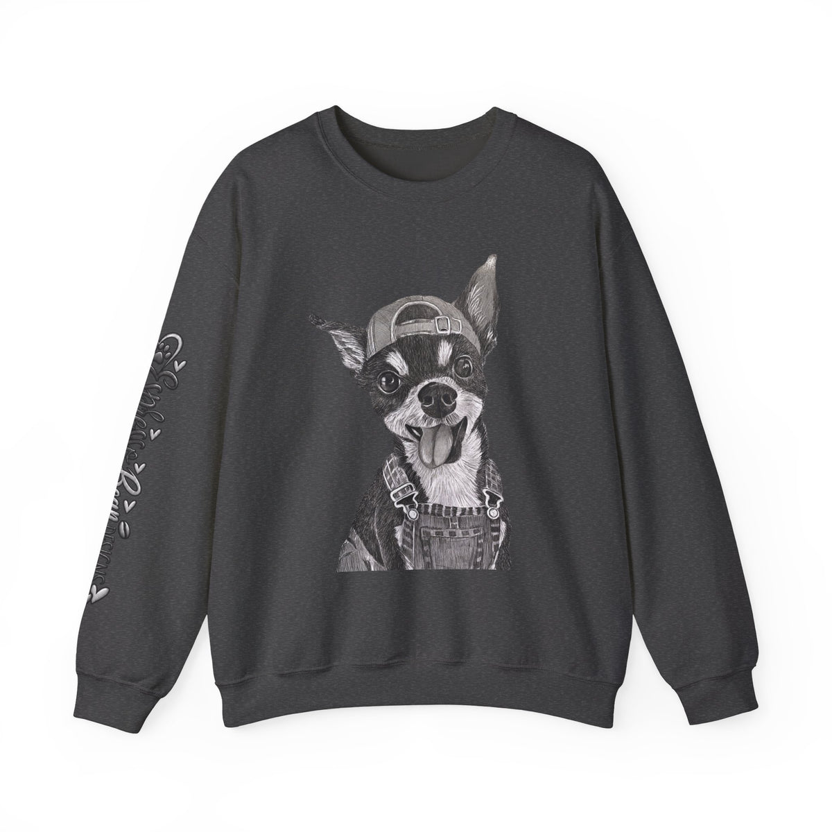 Fang Crewneck Sweatshirt — Retro Pup Graphic with Script Sleeve
