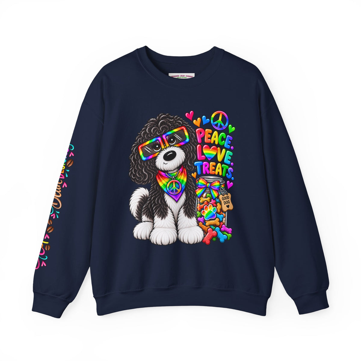 Peace, Love & Treats Dog Sweatshirt — Retro Hippie Puppy Crewneck