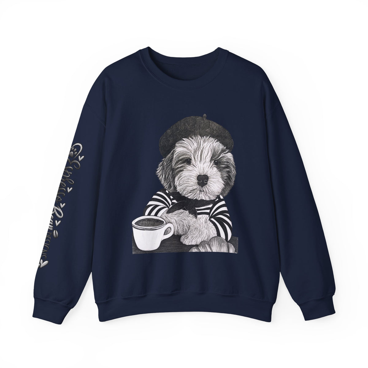 French Pup Pierre Coffee Sweatshirt — Cute Puppy in Beret Graphic Crewneck