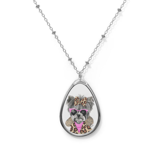 Oval Necklace - Leopard Bow Pup Pendant | Cute Dog Jewelry Gift