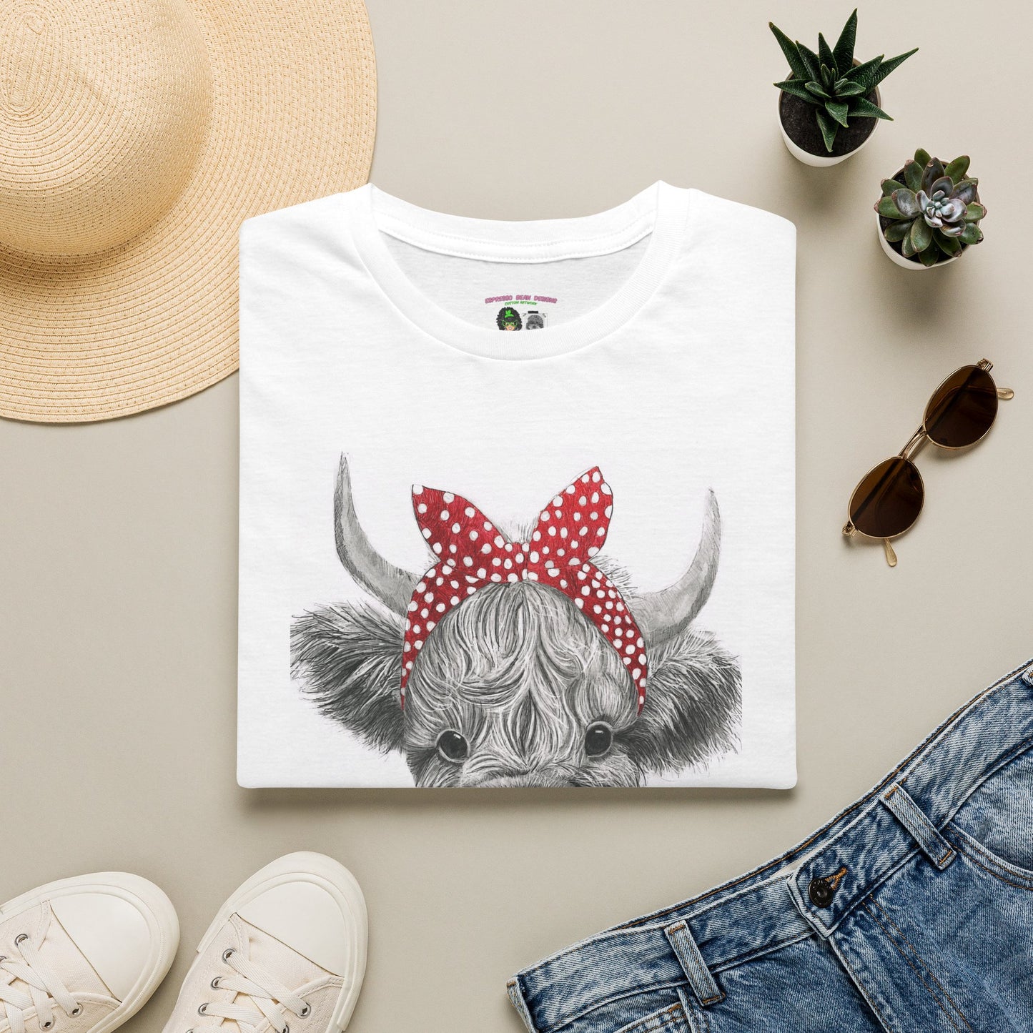 Highland Cow T-Shirt — Cute Cow Face with Red Polka Dot Bandana