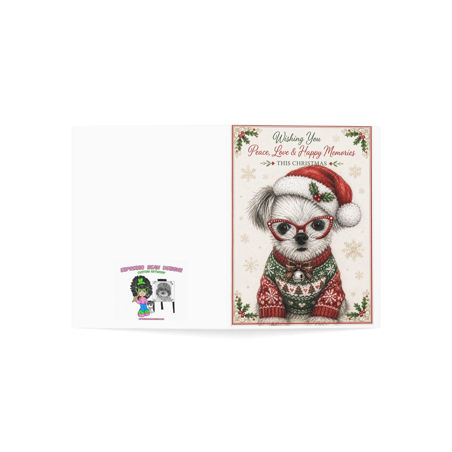 Christmas Puppy Holiday Greeting Cards — 'Wishing You Peace, Love & Happy Memories' (1/10/30/50pcs)