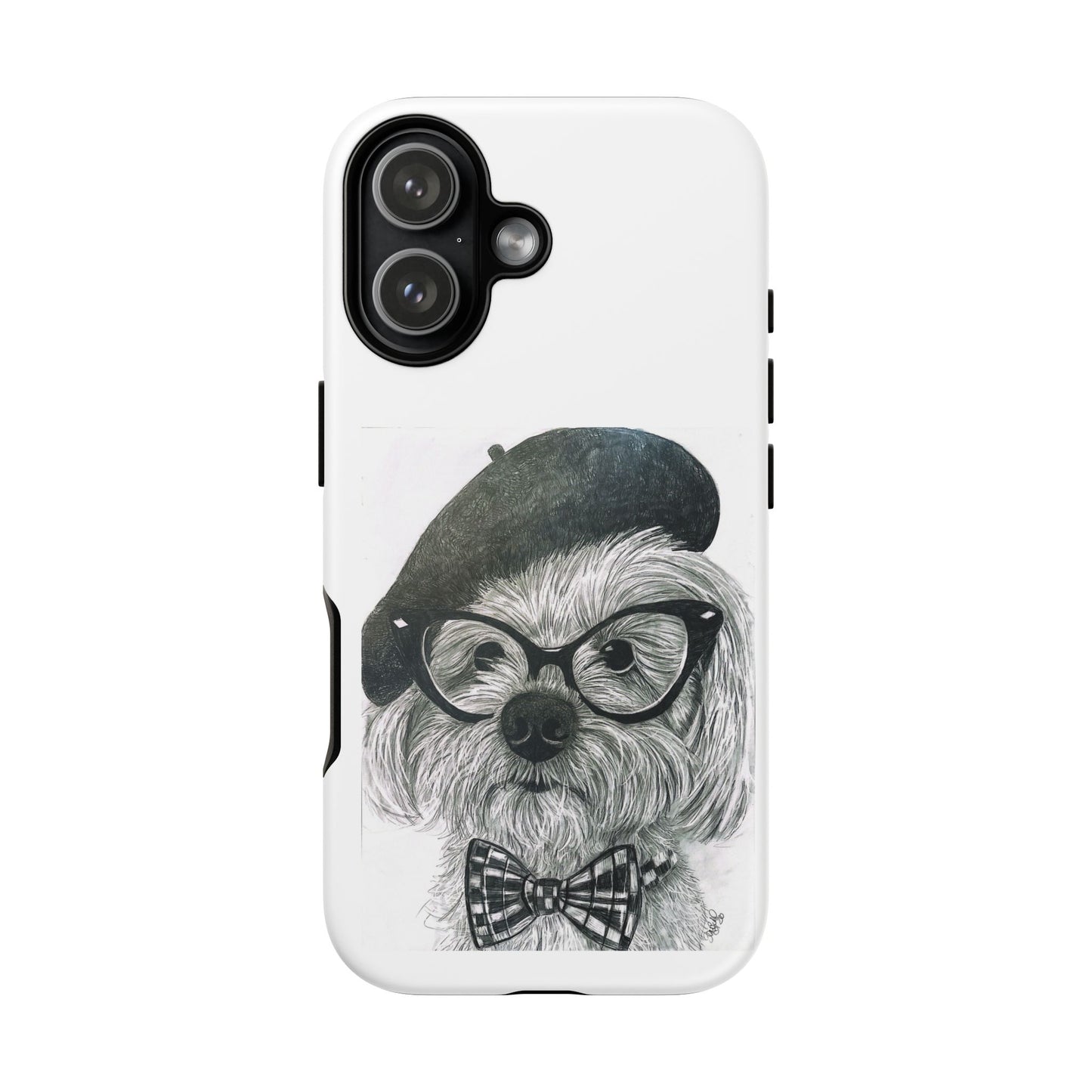 Dog Portrait Phone Case — Dexter with Beret, Glasses & Bow Tie