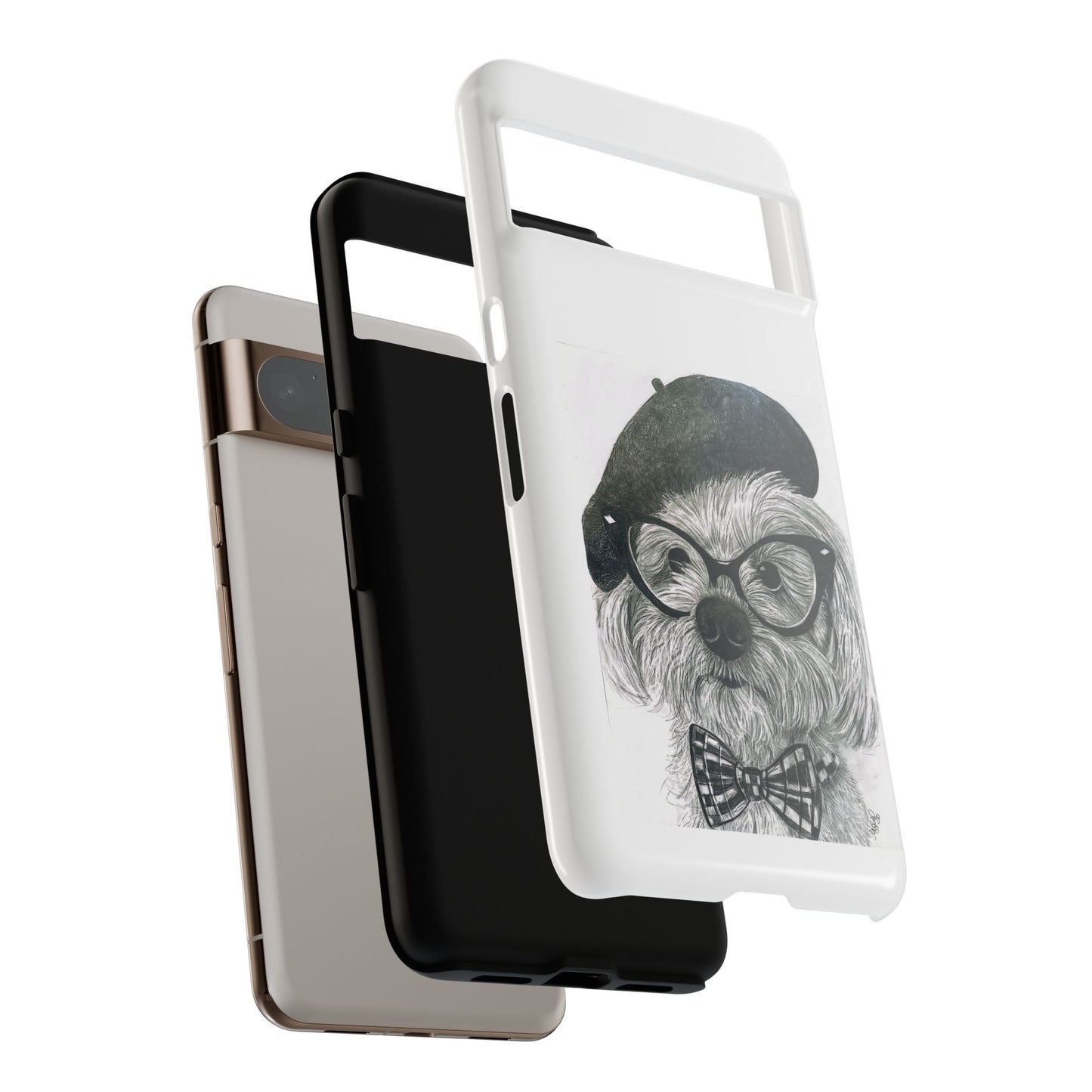 Dog Portrait Phone Case — Dexter with Beret, Glasses & Bow Tie