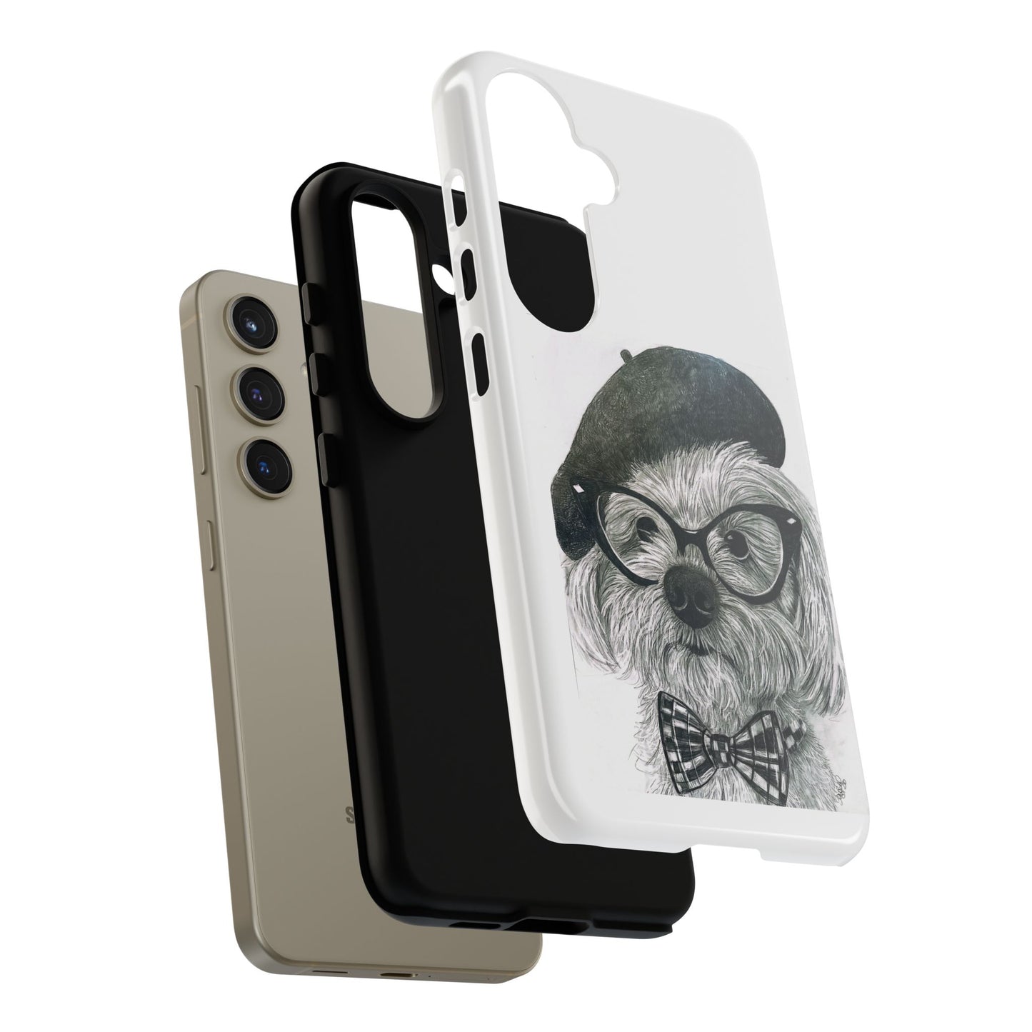 Dog Portrait Phone Case — Dexter with Beret, Glasses & Bow Tie