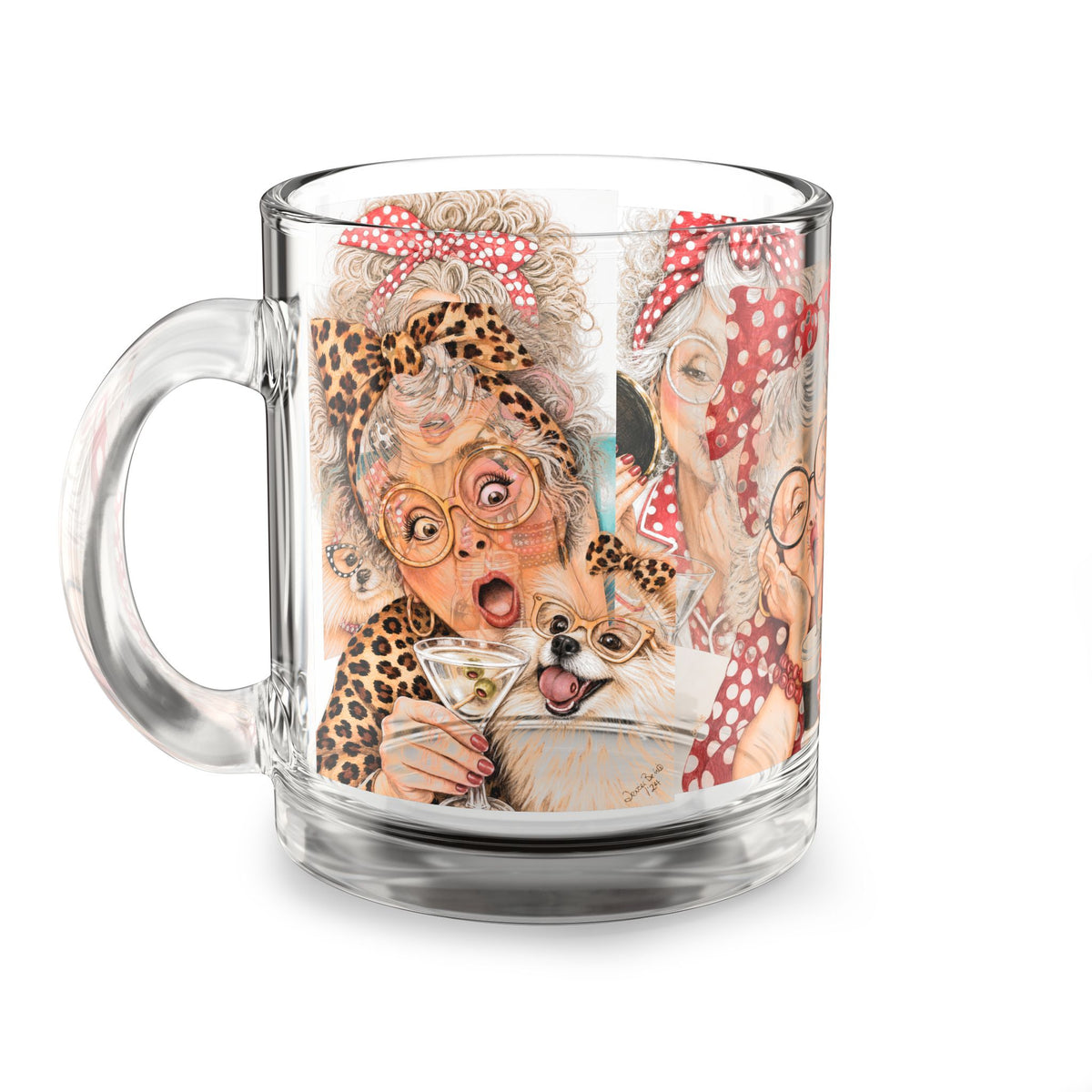 10oz Glass Mug — the faces of Perky Pearl and Latte