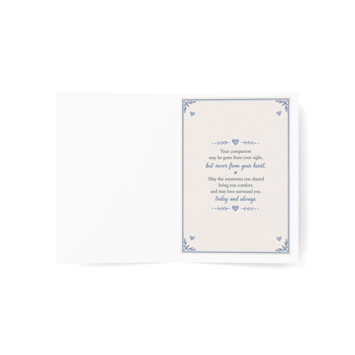 Pet Sympathy Greeting Card — “You Left Paw Prints on Our Hearts” Memorial Card (Single or Bulk)