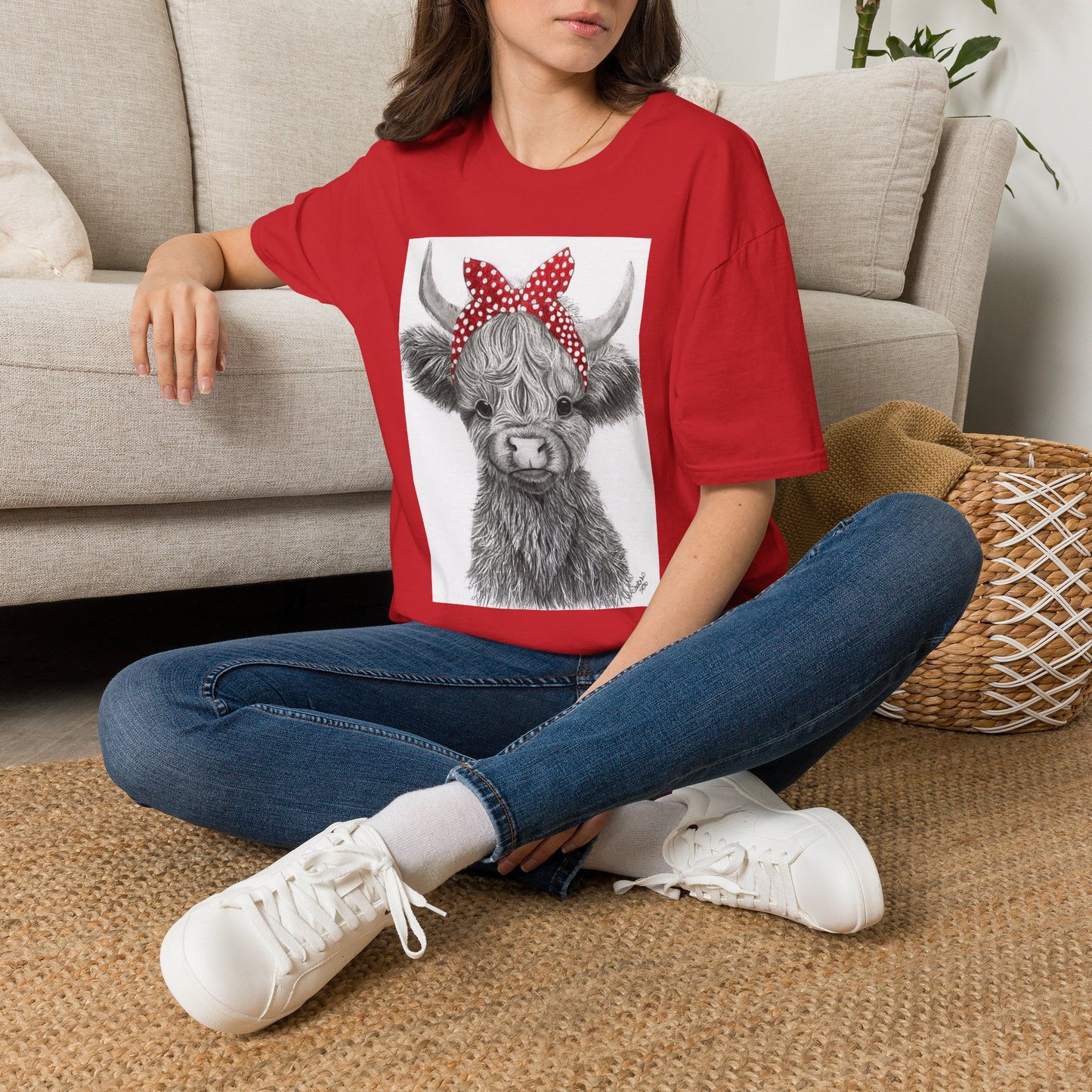 Highland Cow T-Shirt — Cute Cow Face with Red Polka Dot Bandana