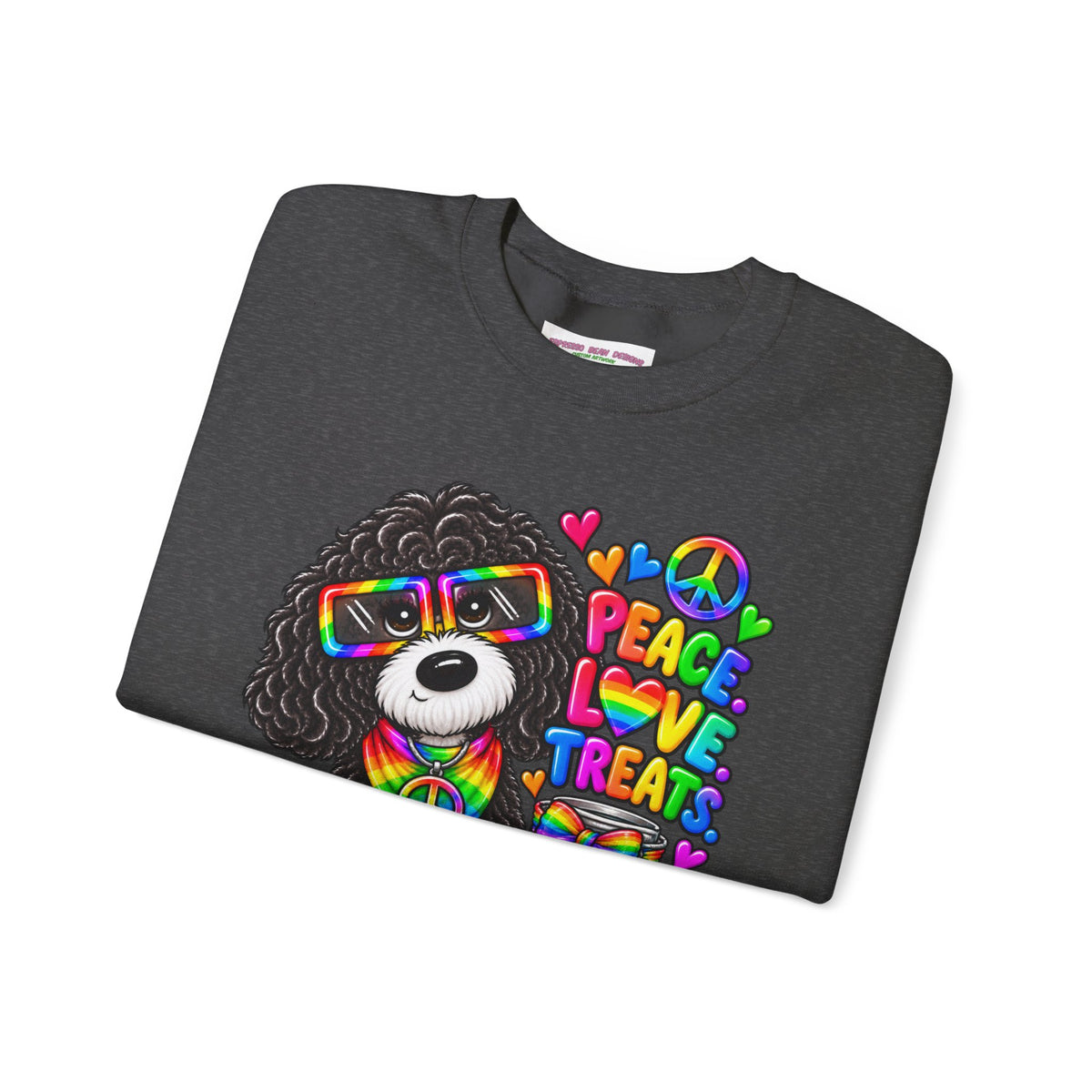 Peace, Love & Treats Dog Sweatshirt — Retro Hippie Puppy Crewneck