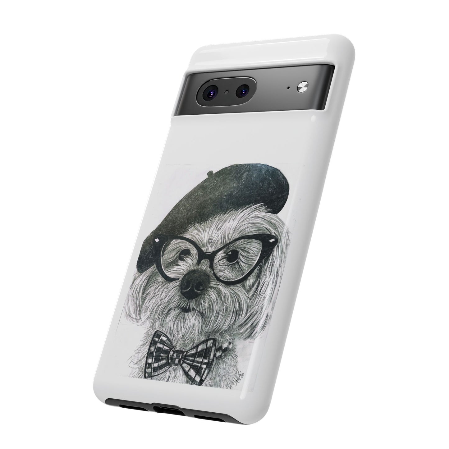 Dog Portrait Phone Case — Dexter with Beret, Glasses & Bow Tie