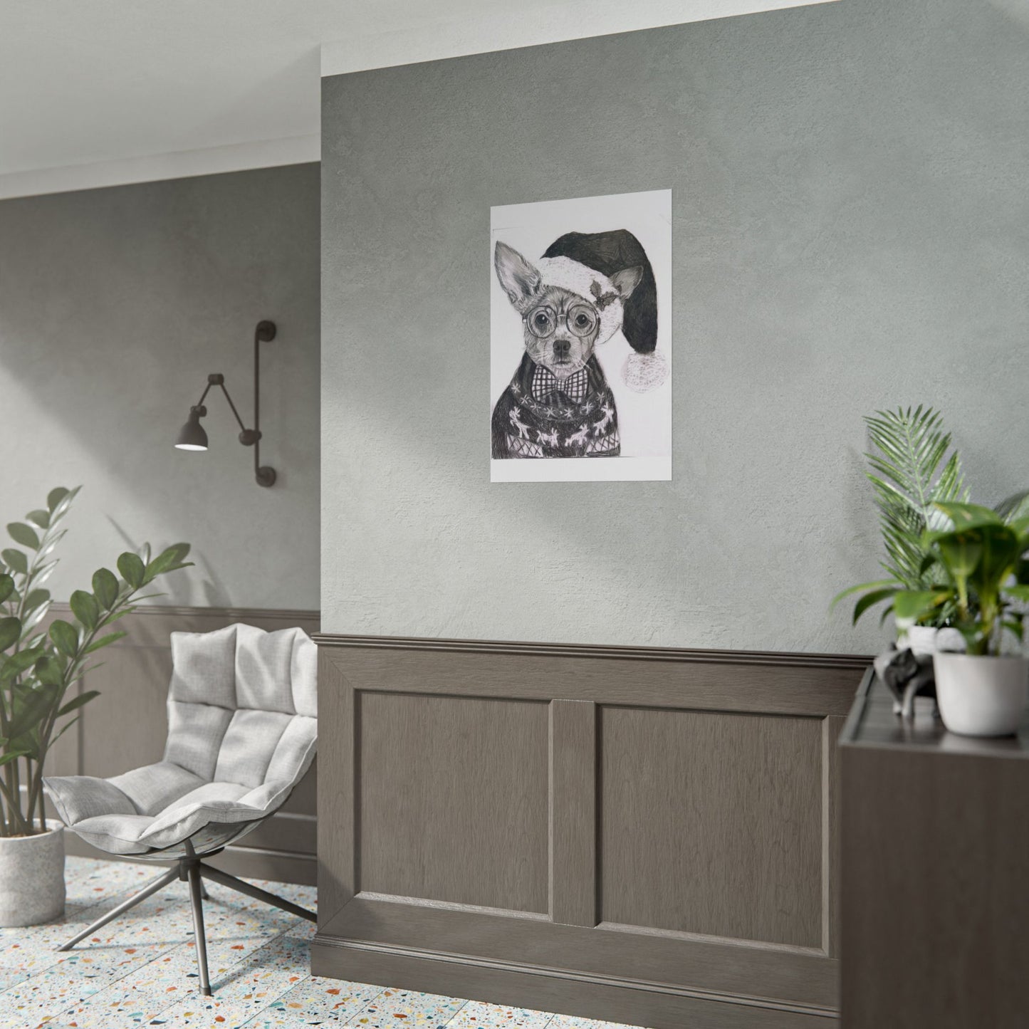 Brutus in Santa Hat Rolled Poster — Holiday Dog Art Print